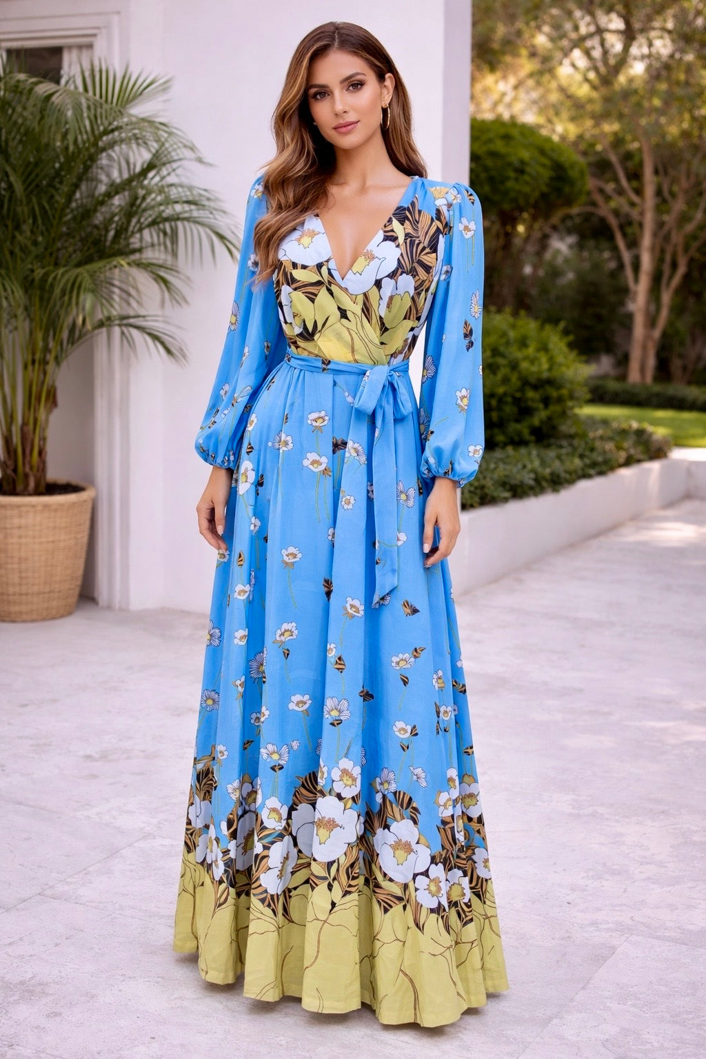 Honey floral long sleeve waist tie flowy chiffon maxi dress Multi Blue/Yellow / L Honey floral long sleeve waist tie flowy chiffon maxi dress Multi Blue/Yellow / L
