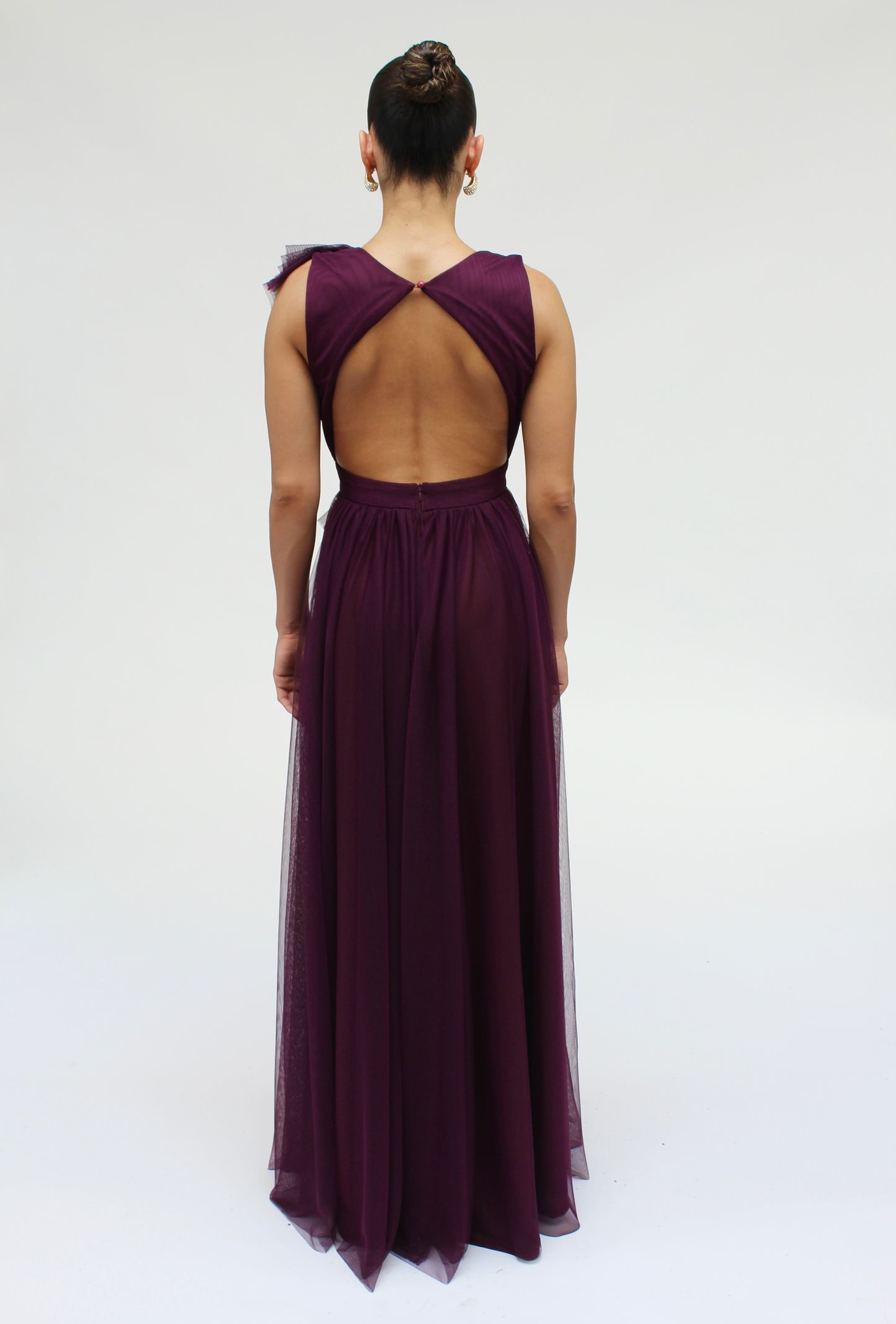 Elegant engagement ruffle layered tulle cascading gown with front slit