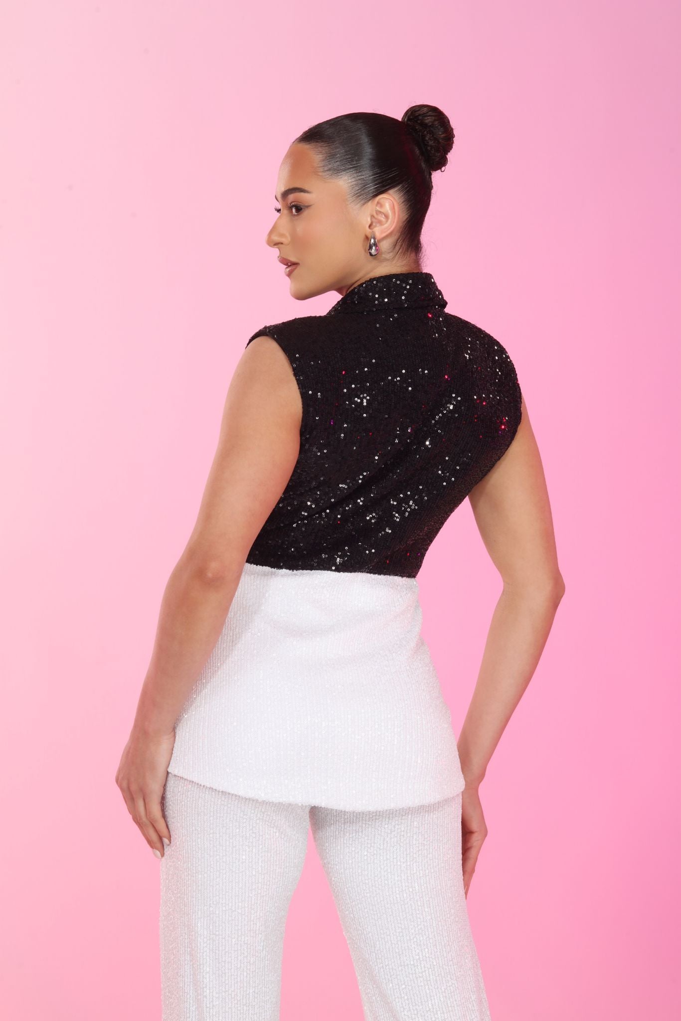 Color block sequin vest and high waisted pants set