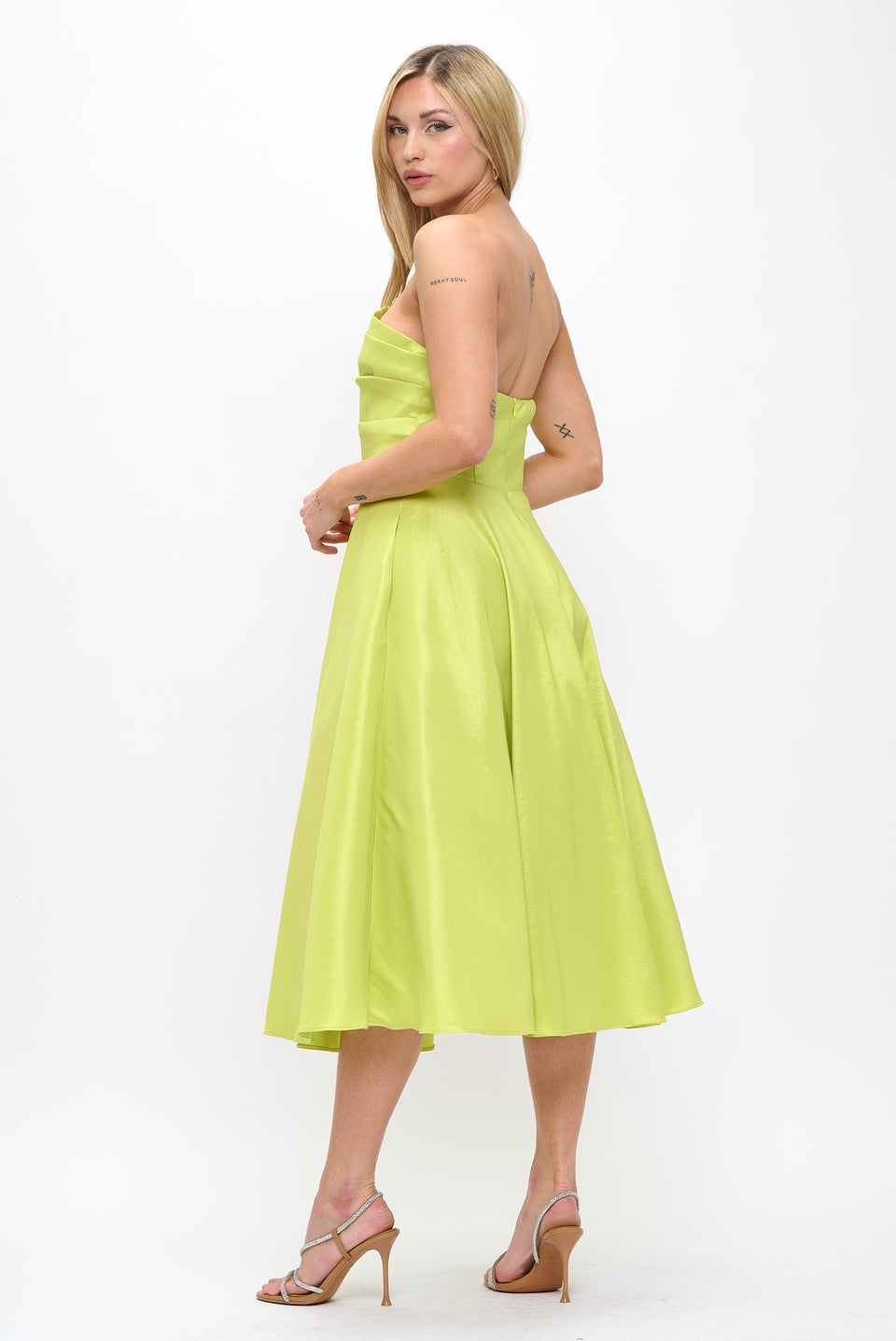 Strapless asymmetrical taffeta tea length dress