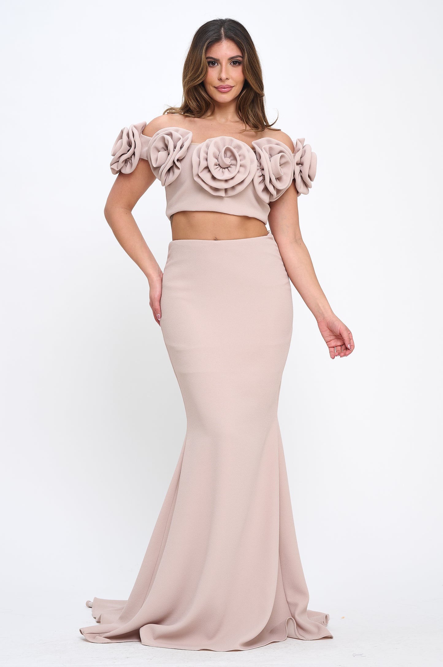 Rose detail off shoulder crop top and maxi skirt set