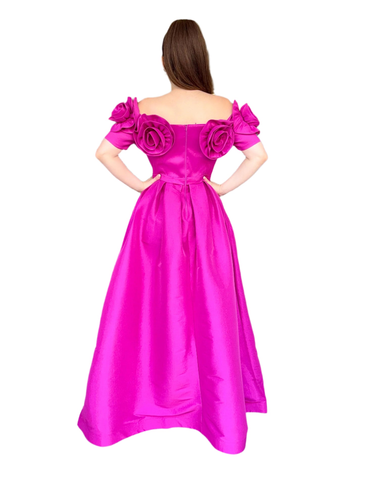 Rose bloom off shoulder taffeta gown