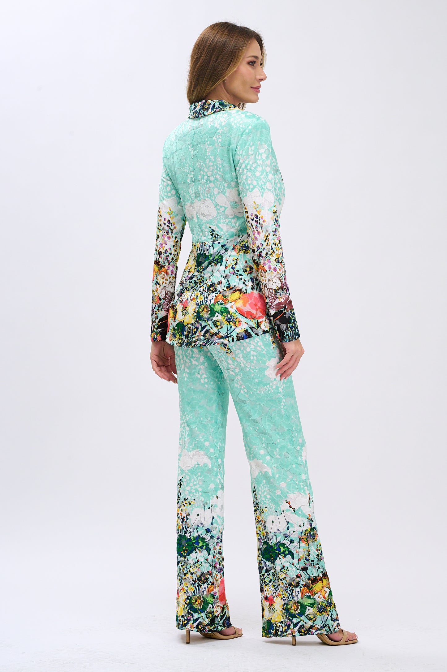 Stretchy floral lace tulip hem jacket and high waisted pants suit set