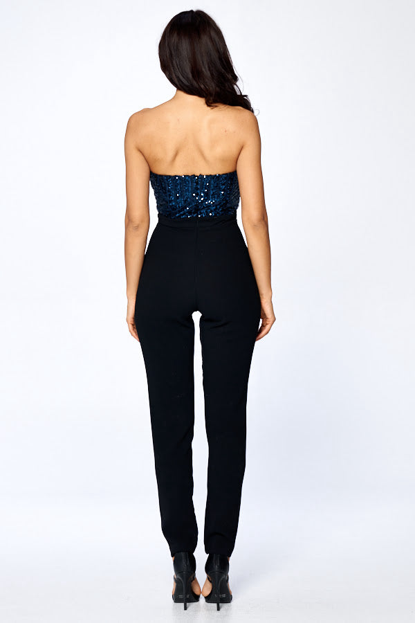 Midnight strapless sequin and crepe jumpsuit