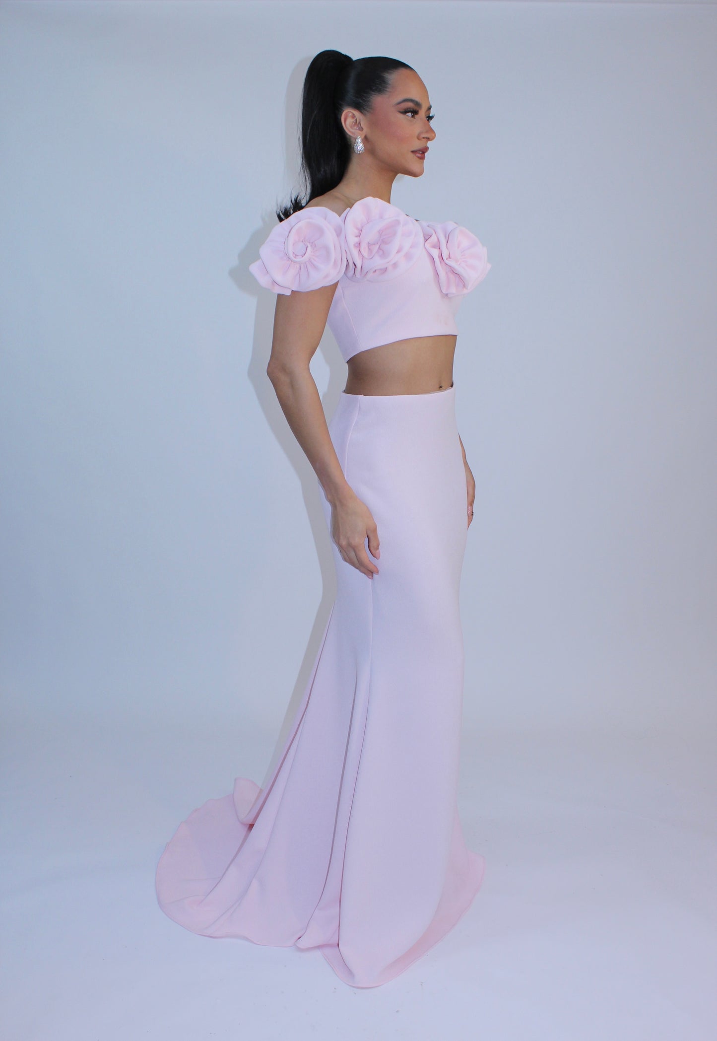 Rose detail off shoulder crop top and maxi skirt set