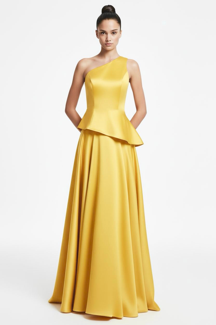 One shoulder asymetrical peplum stretch taffeta gown