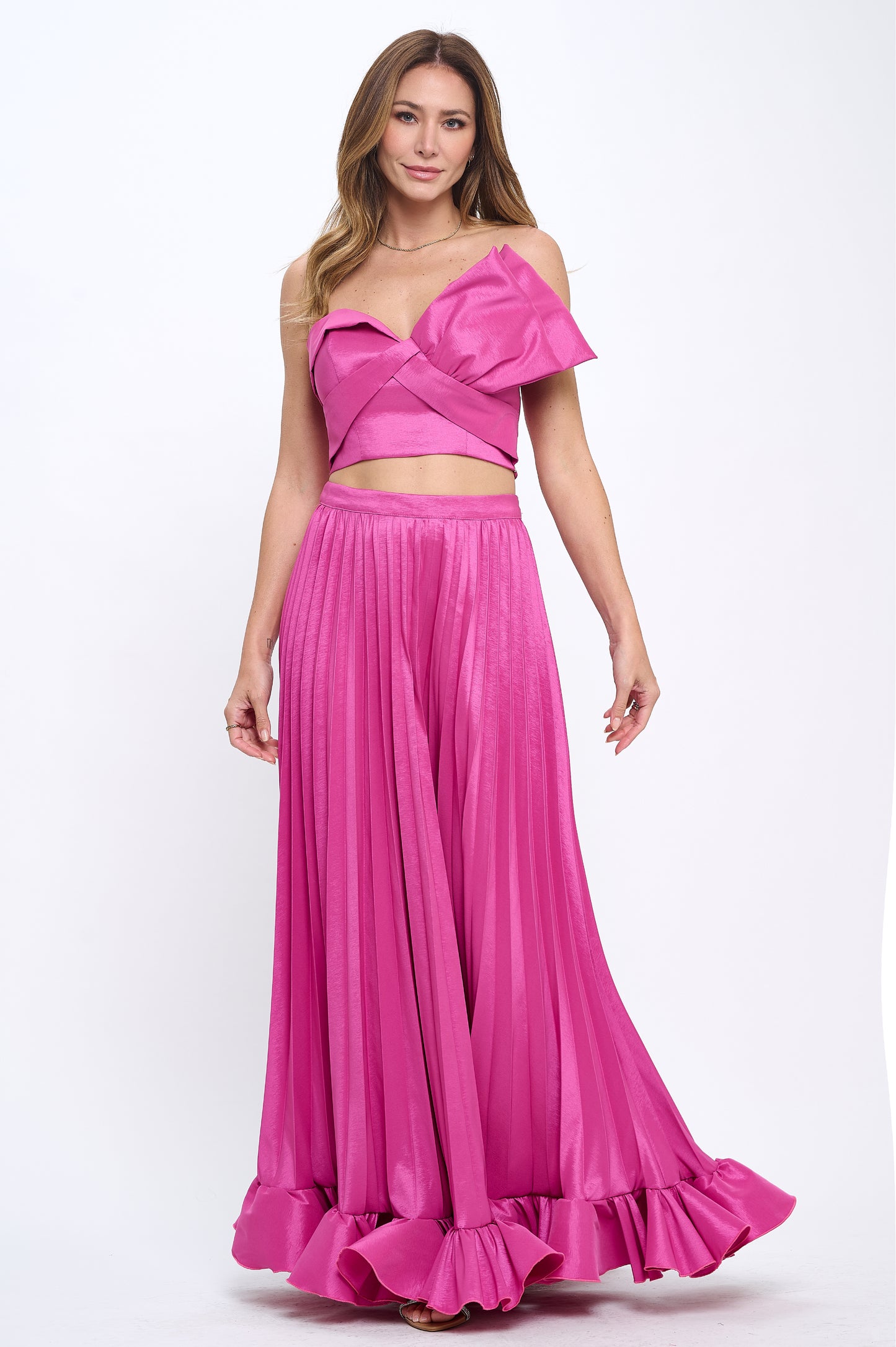 Taffeta bow crop top and pleated maxi skirt set