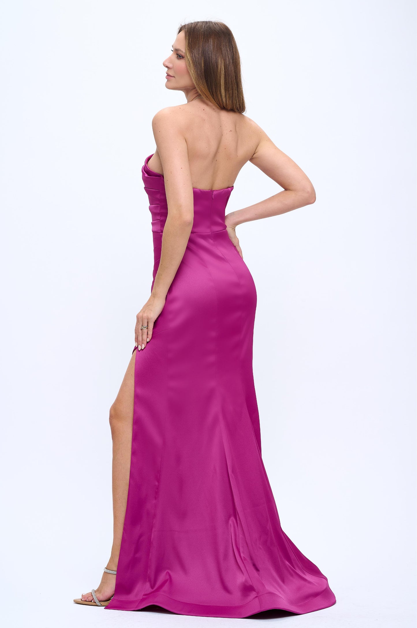 Classy chic asymmetrical bodice gathered hourglass side slit gown