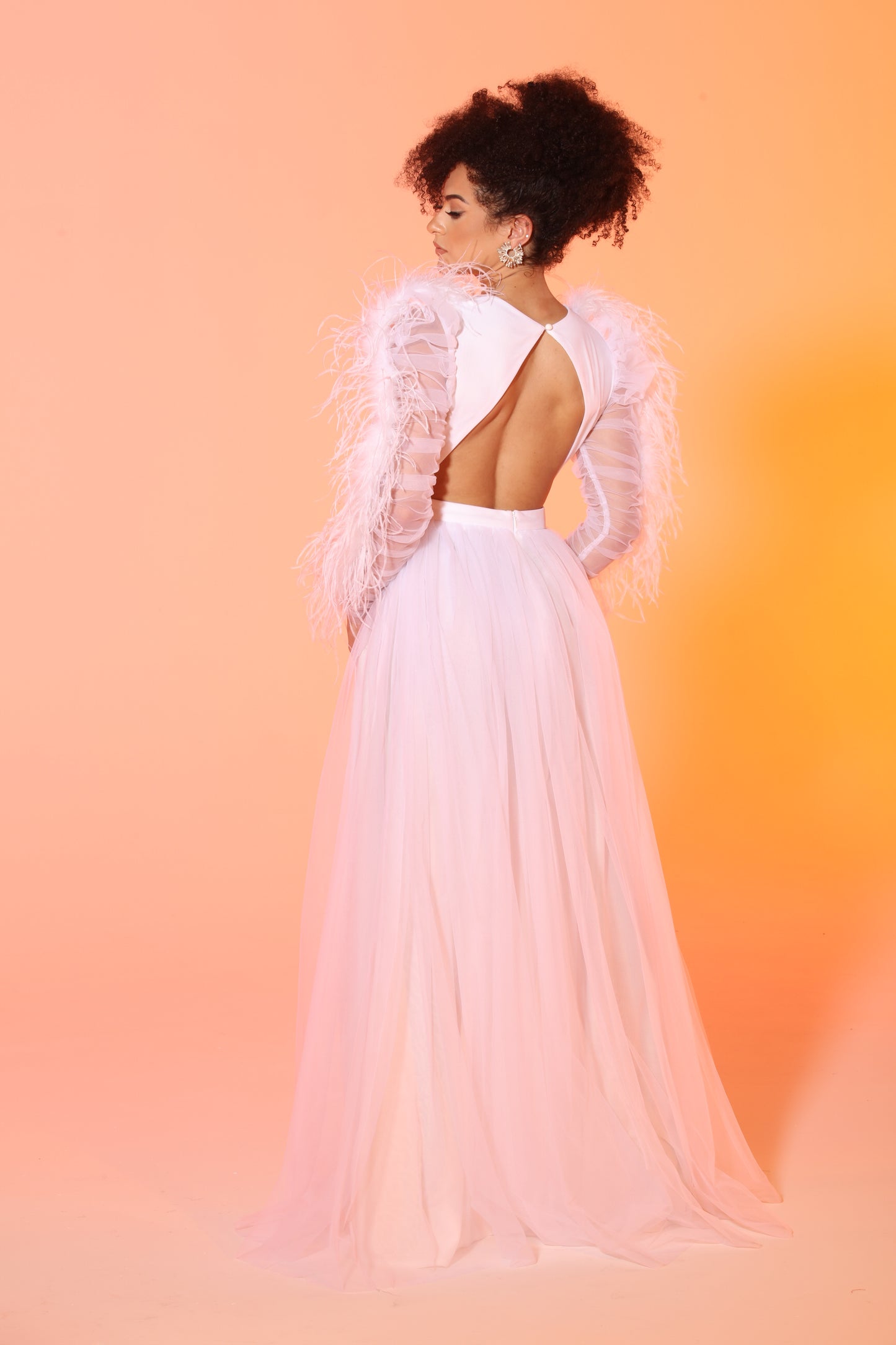 Pre-Order Evvie feather trim tulle slit gown