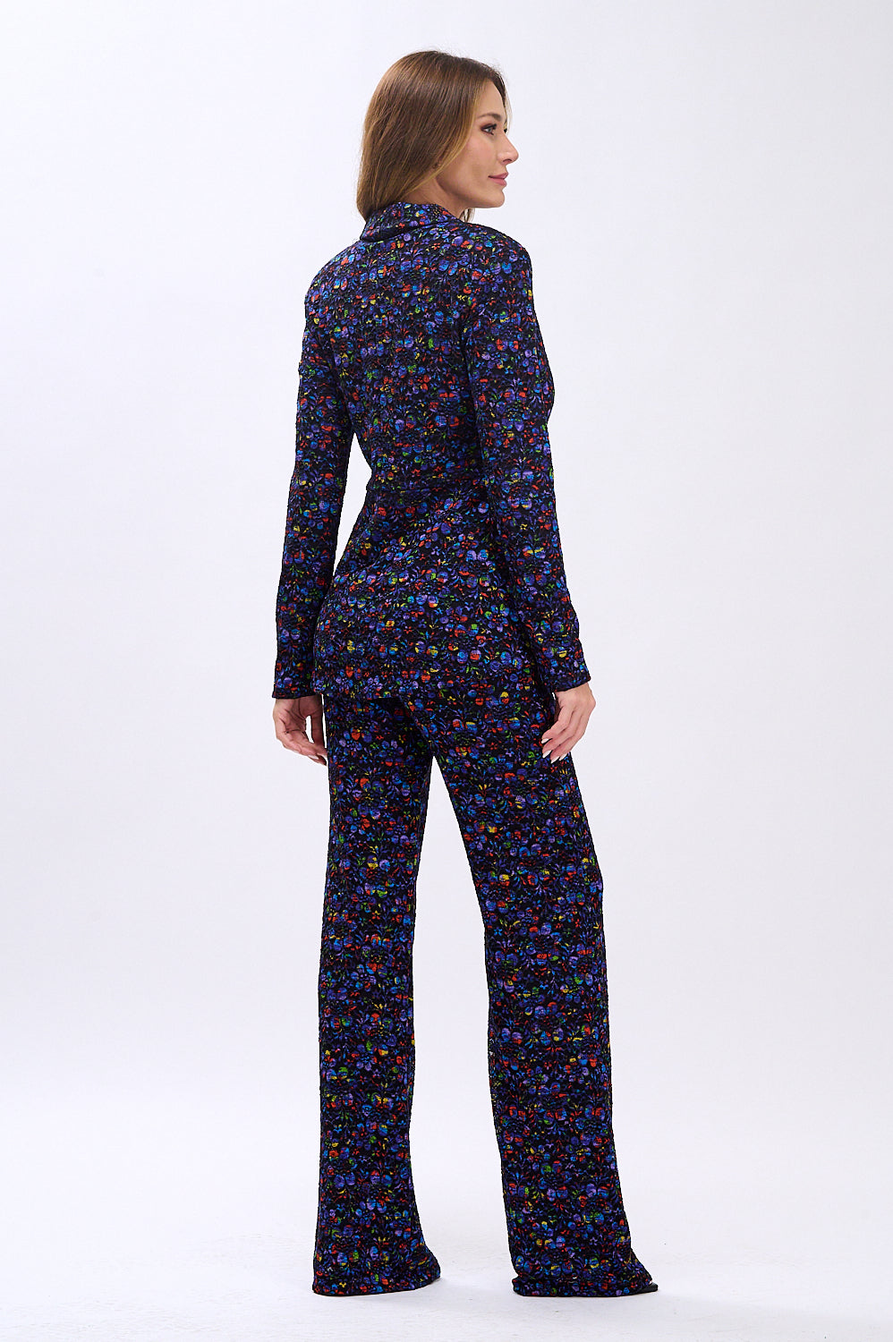 Stretchy floral lace tulip hem jacket and high waisted pants suit set