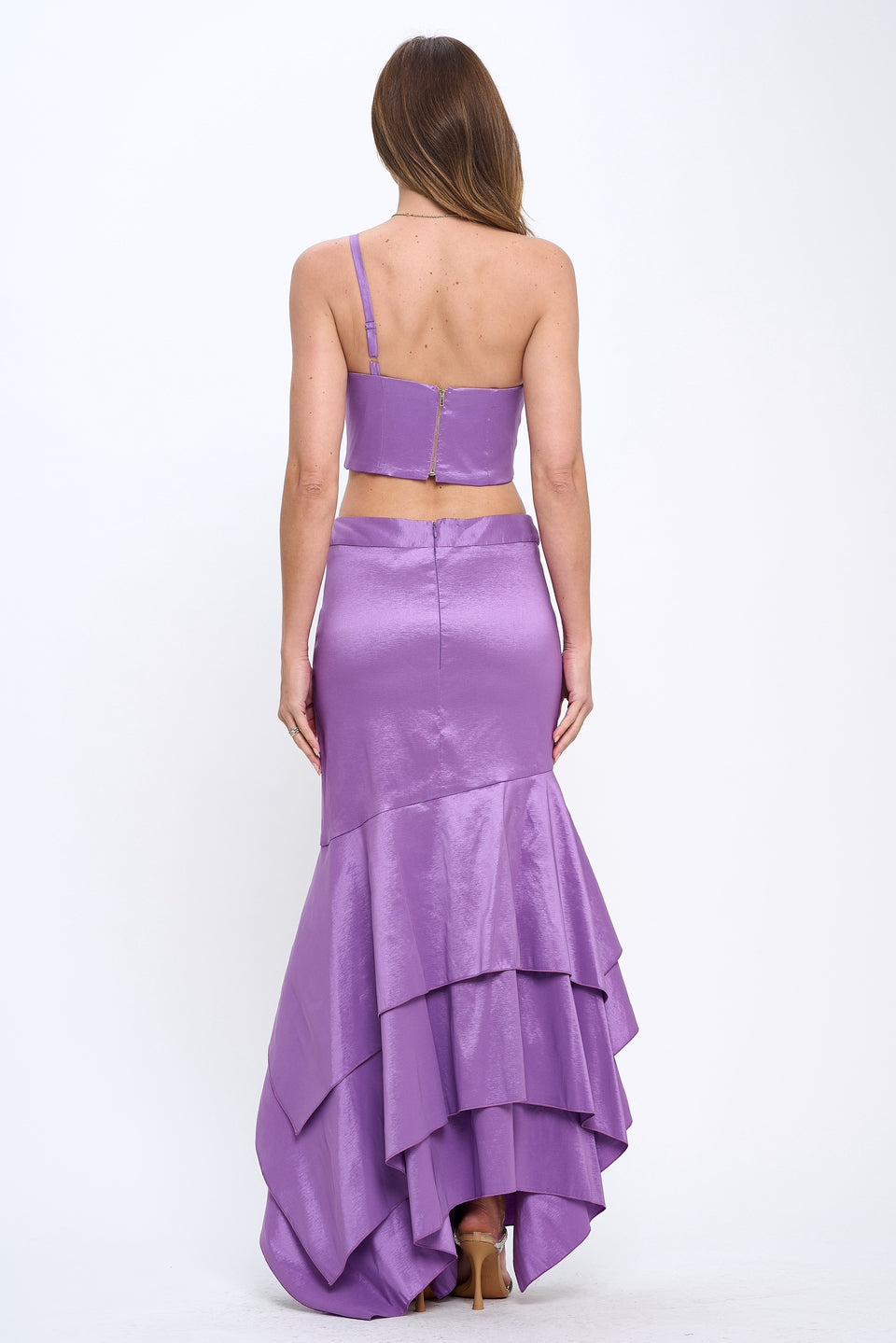 Taffeta bow crop top and ruffle layered skirt set