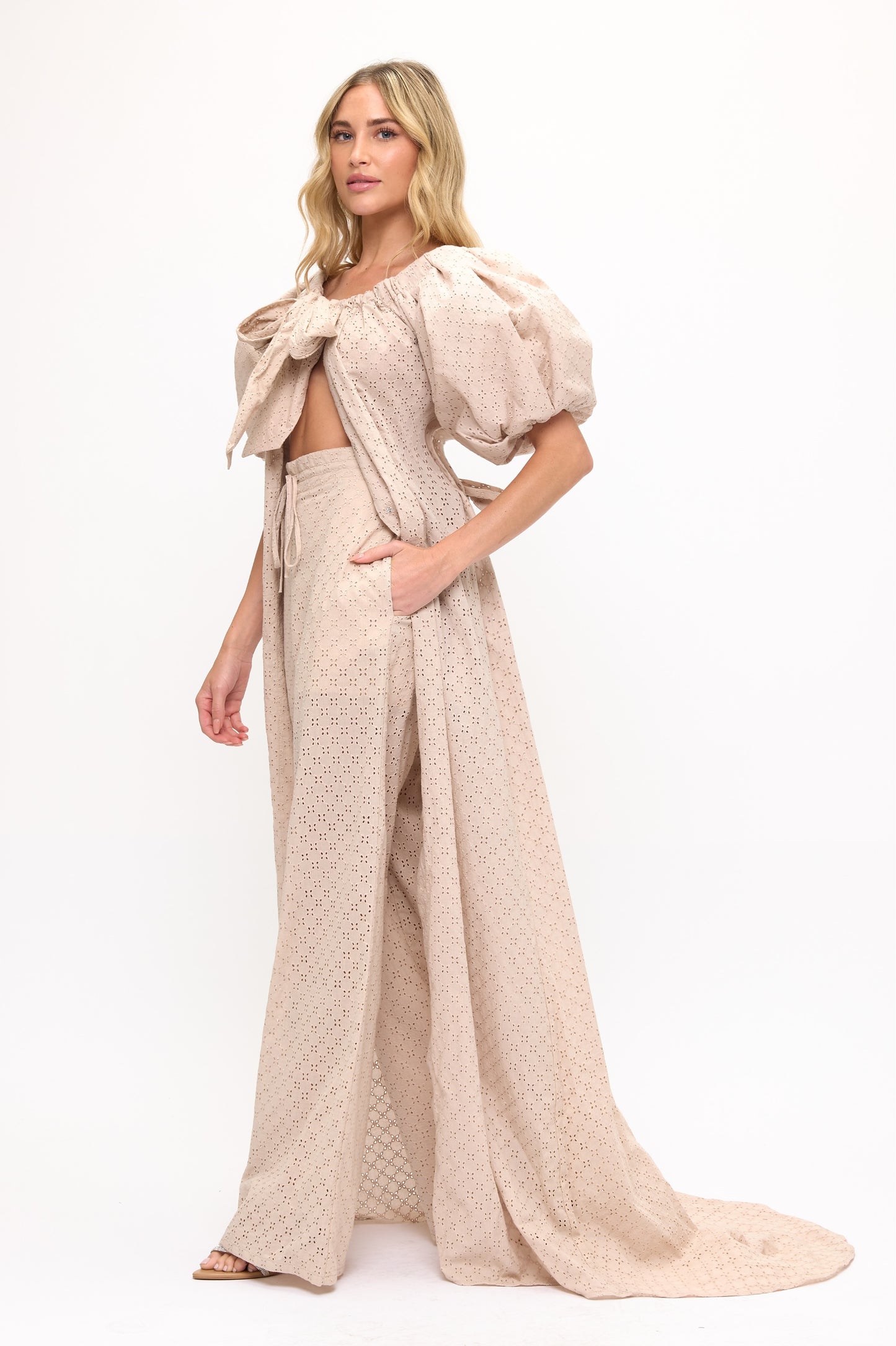 Cotton eyelet off shoulder top cape