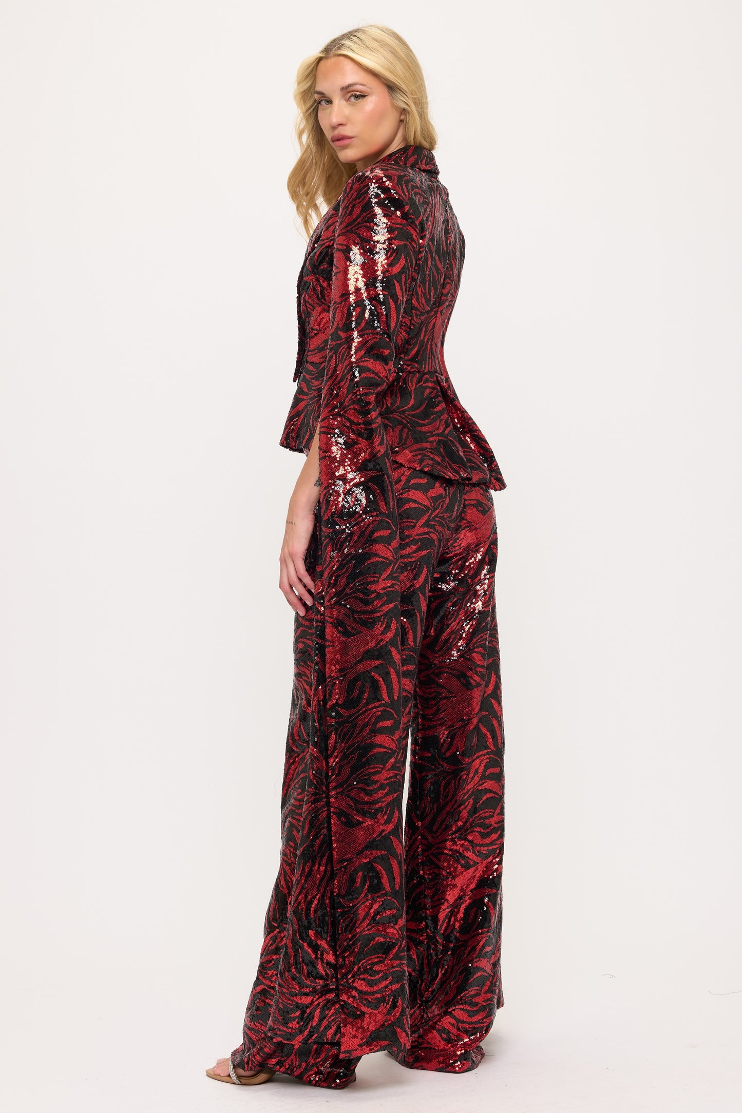 Shining sequin tiger striped split floor length sleeve jacket and high waisted pants suit set