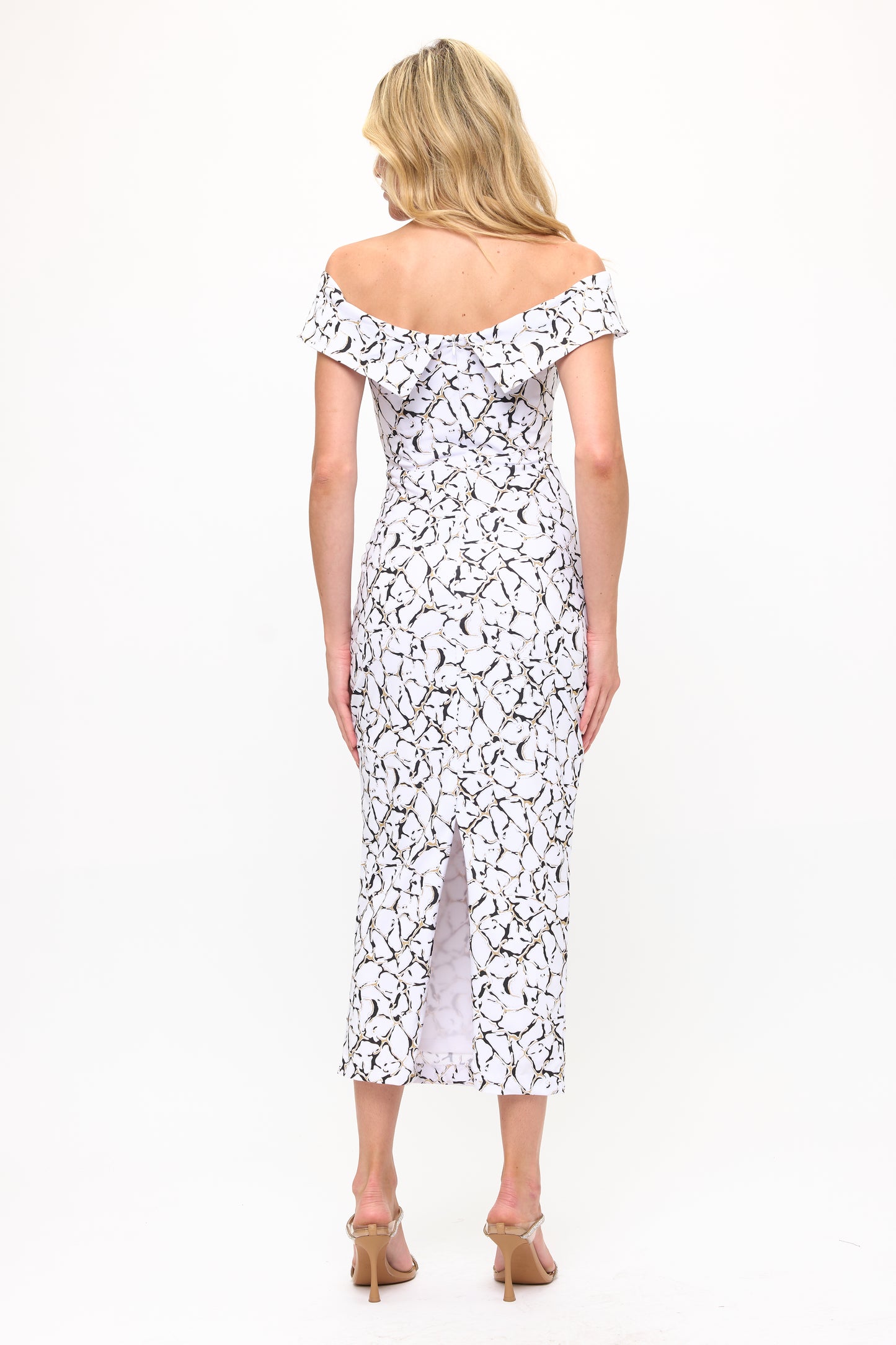 Off shoulder slit back marble print midi dress