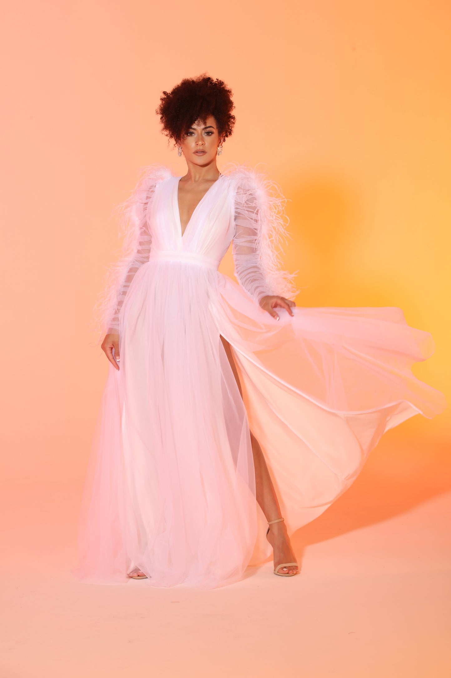 Pre-Order Evvie feather trim tulle slit gown