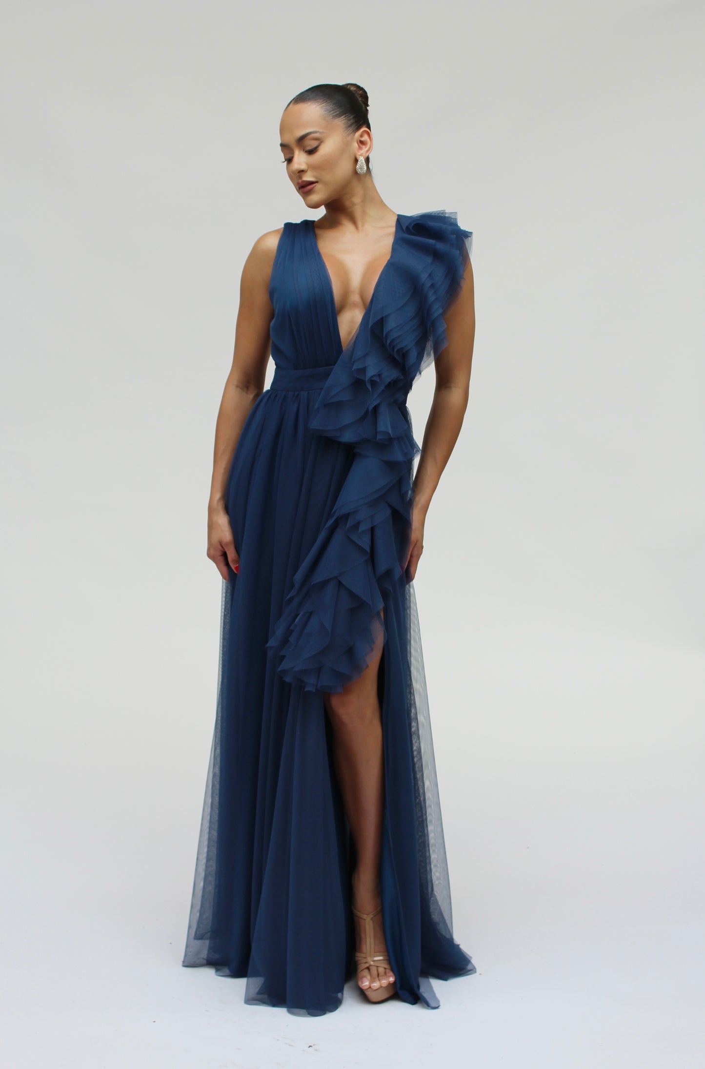 Elegant engagement ruffle layered tulle cascading gown with front slit