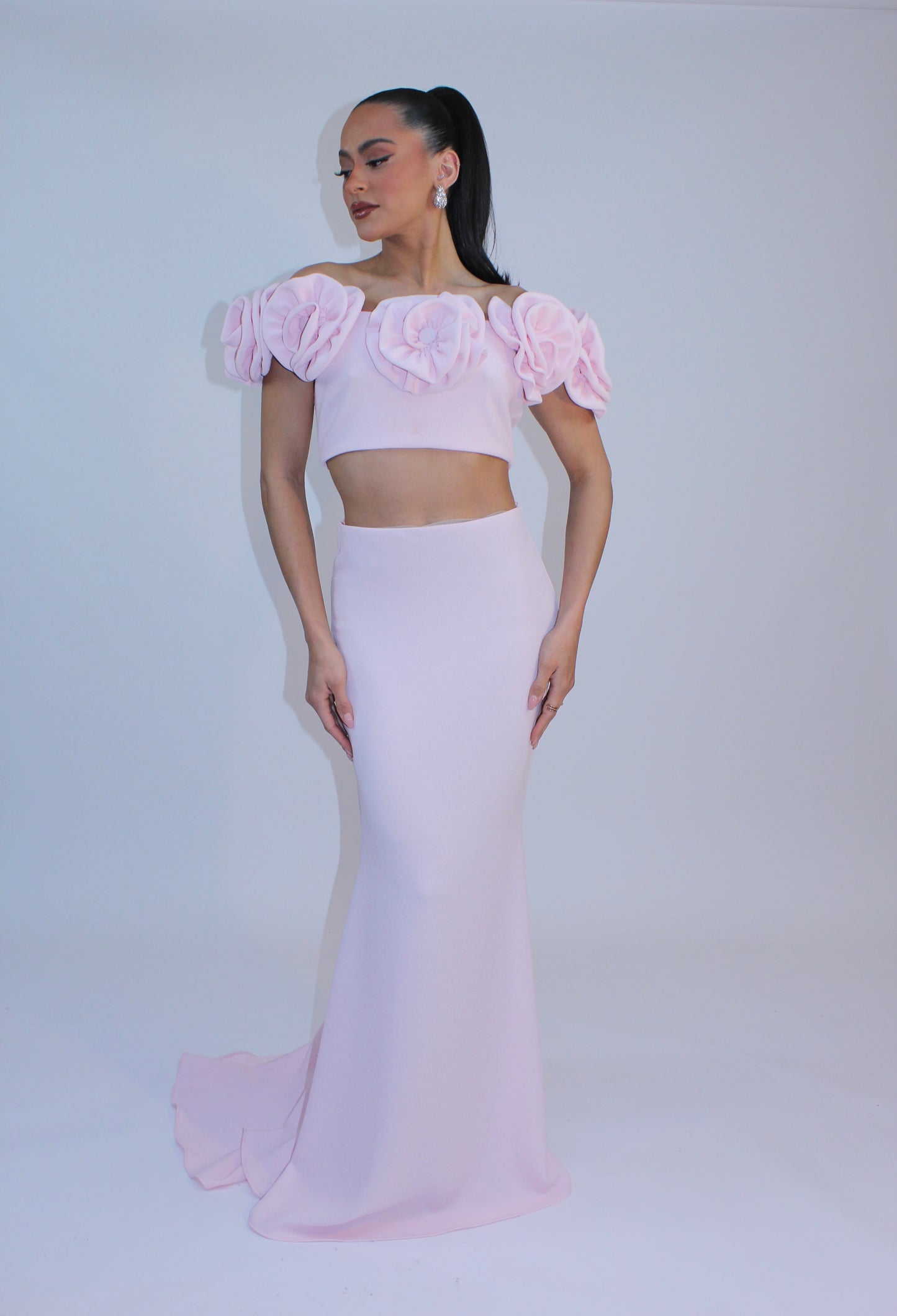 Rose detail off shoulder crop top and maxi skirt set