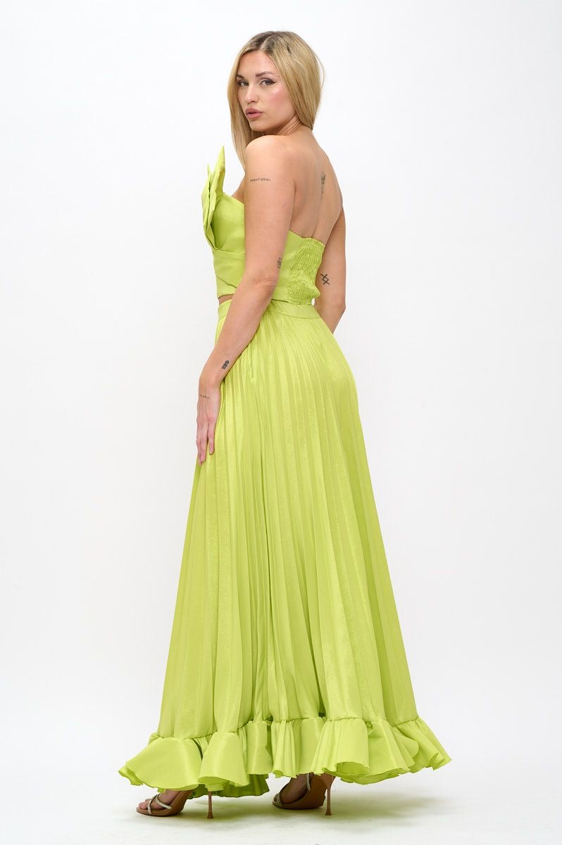 Taffeta bow crop top and pleated maxi skirt set