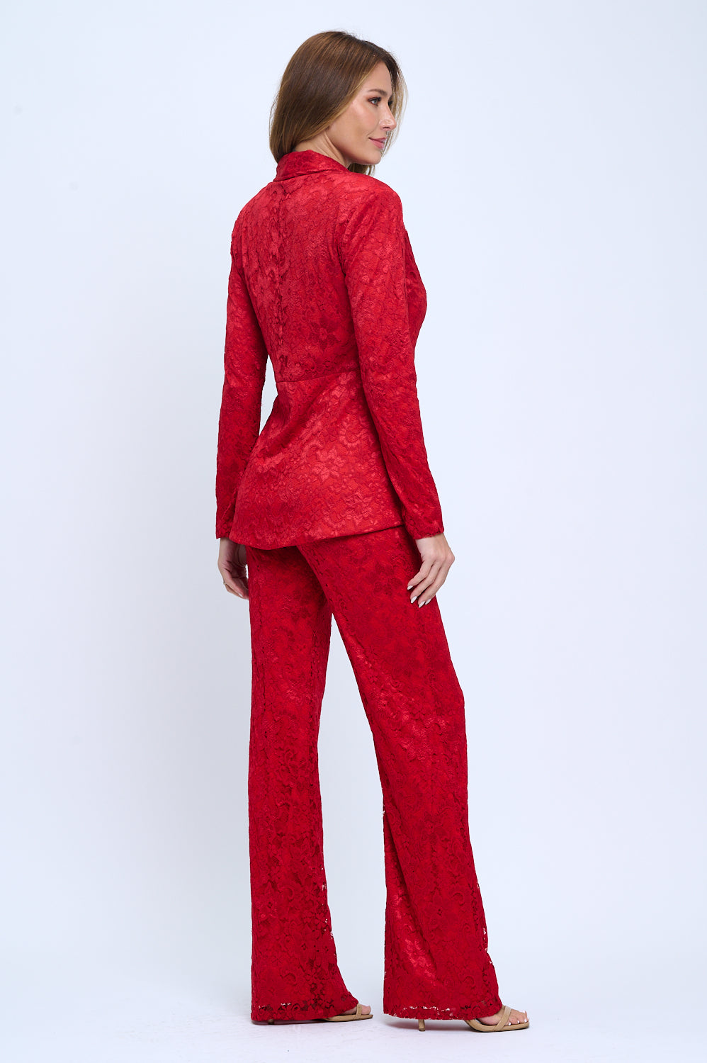 Stretchy floral lace tulip hem jacket and high waisted pants suit set