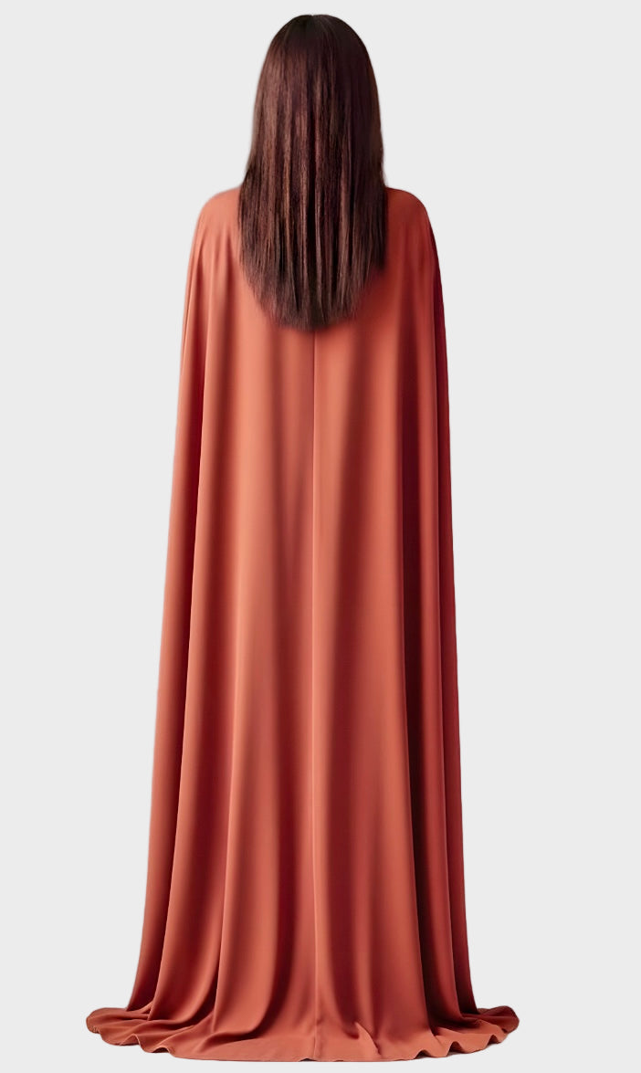 Asymmetrical satin matte gown and draping cape