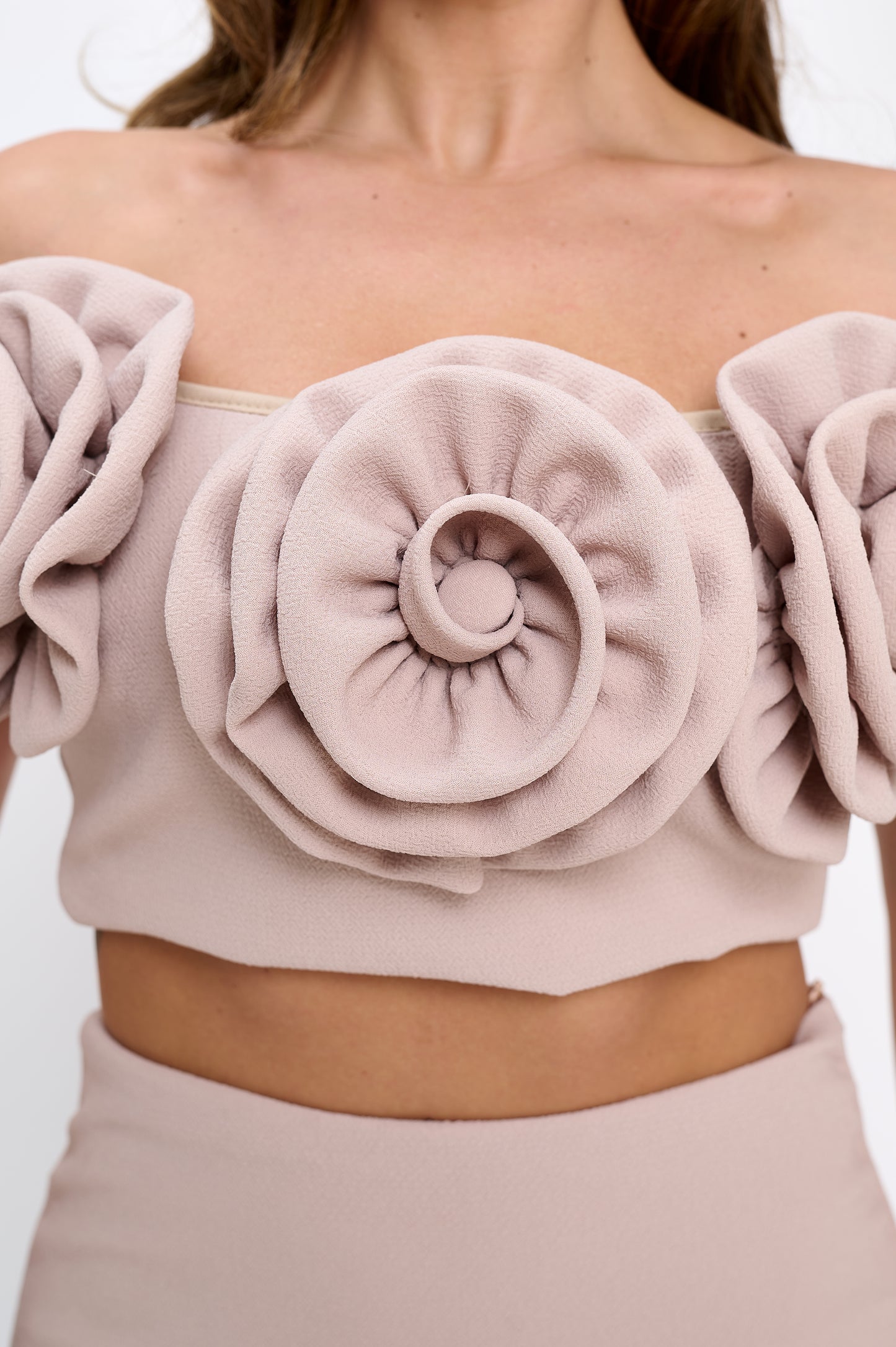 Rose detail off shoulder crop top and maxi skirt set