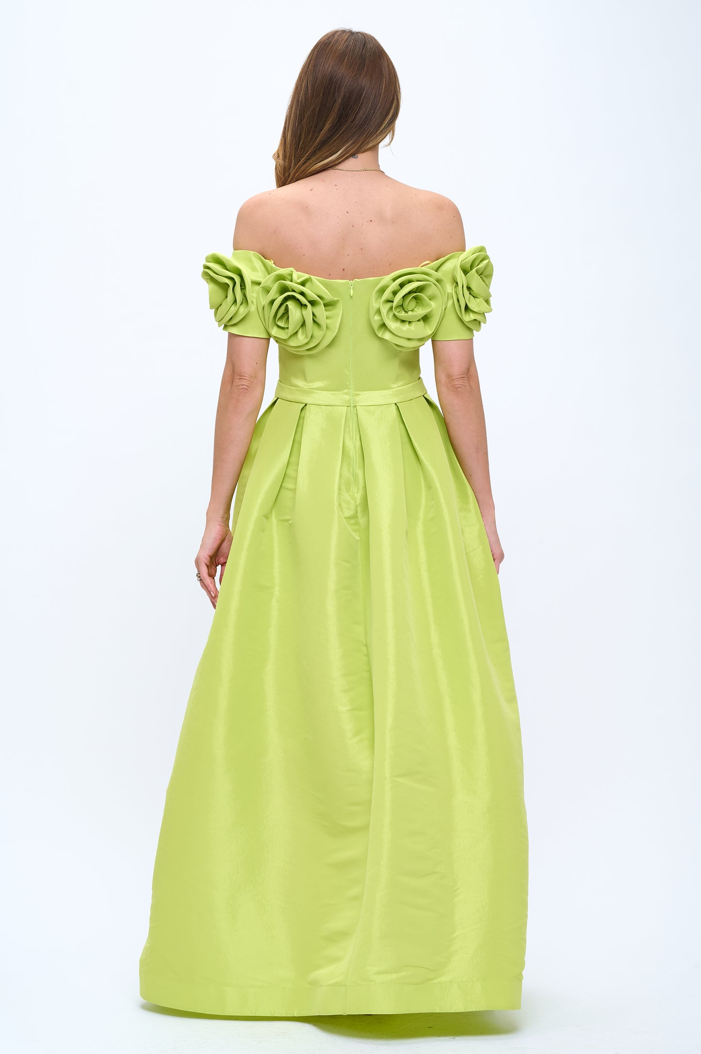 Rose bloom off shoulder taffeta gown