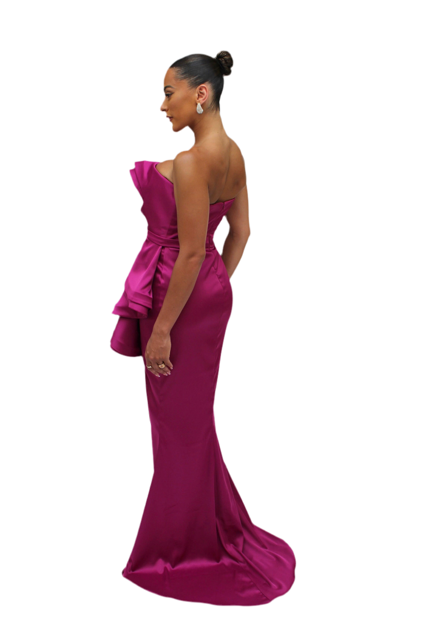 Strapless cascading drape gown