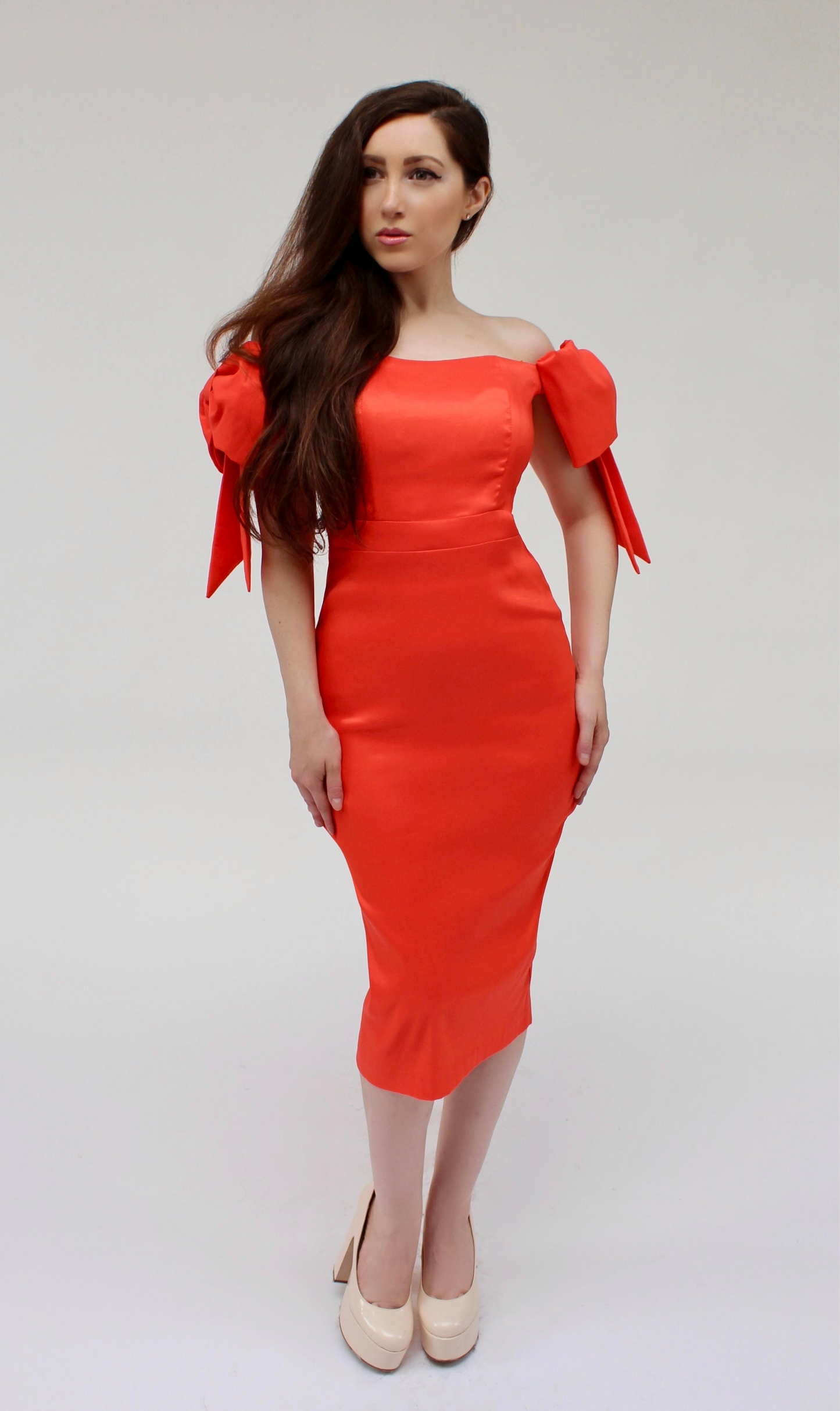 Off shoulder double bow taffeta midi dress
