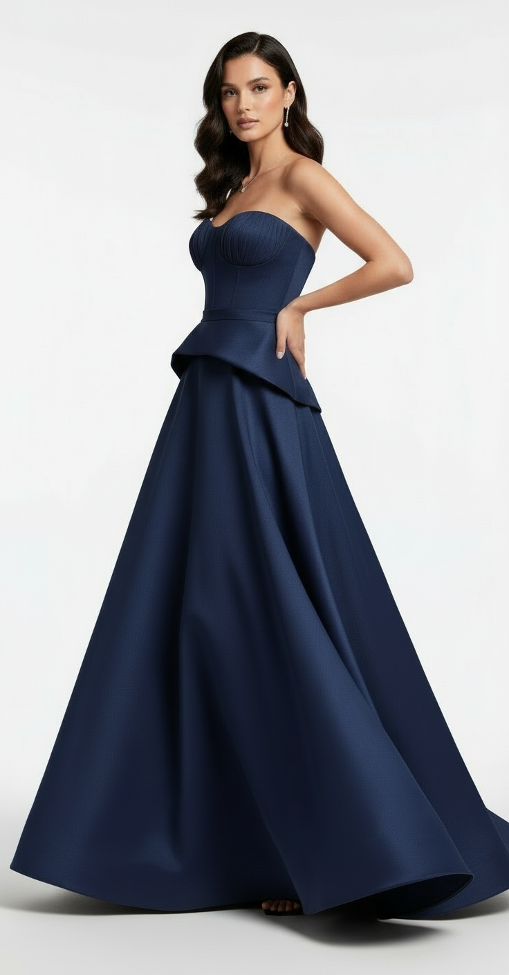 Strapless sweetheart corset peplum taffeta gown
