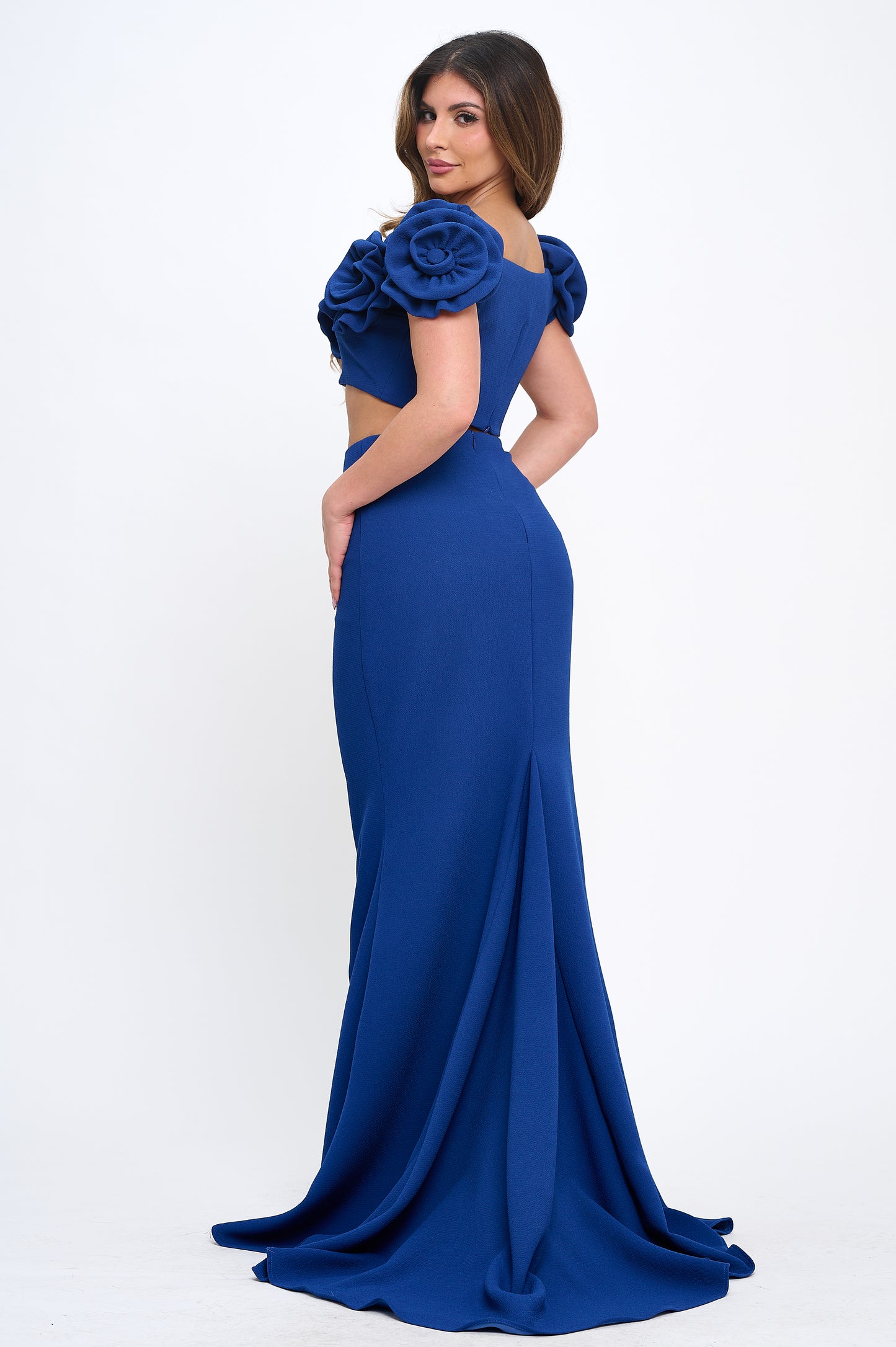 Rose detail off shoulder crop top and maxi skirt set
