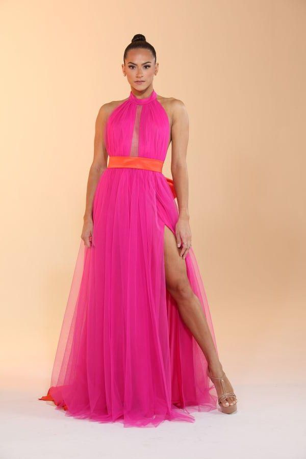 Romantic getaway halter tulle slit dress