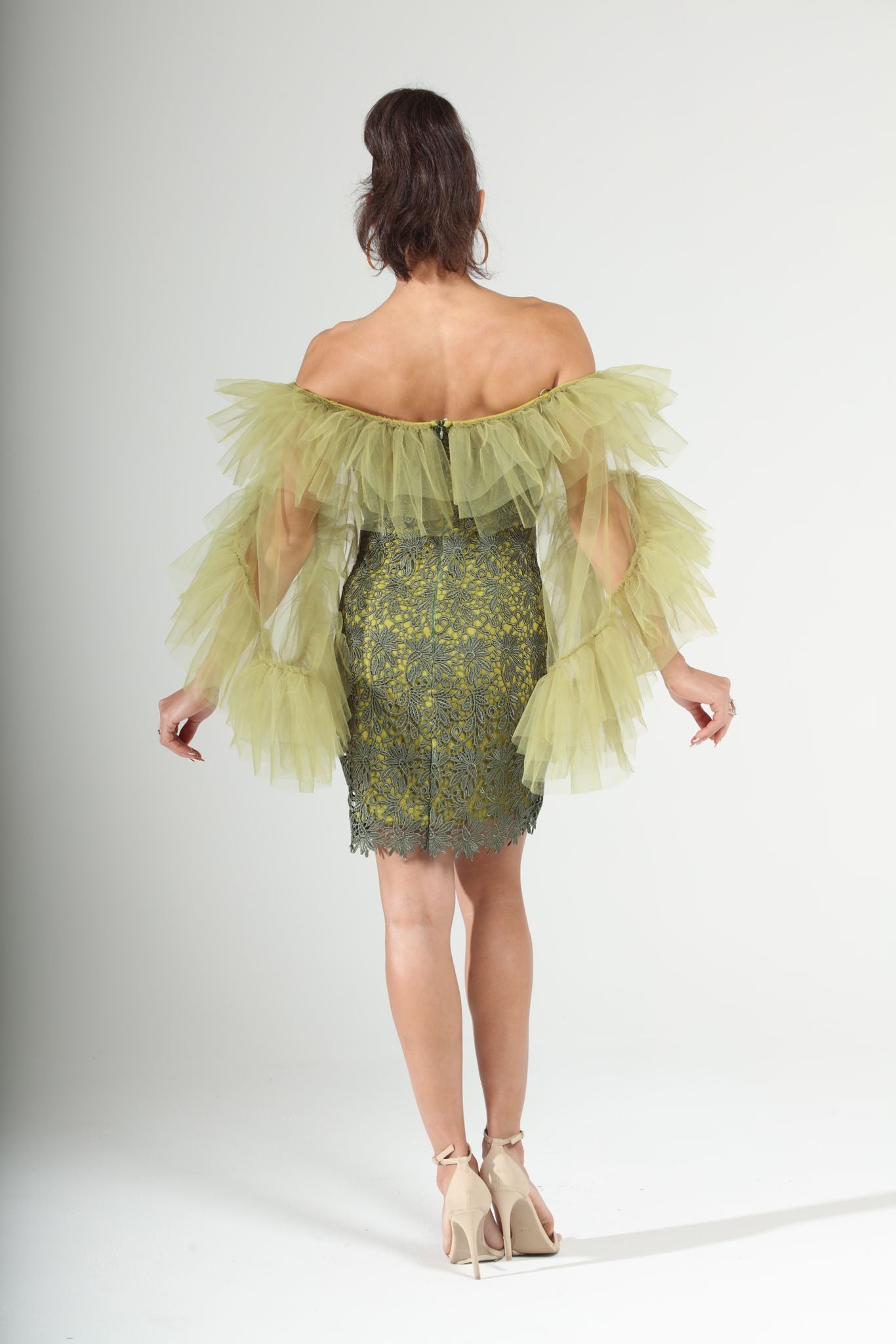 Always celebrating off shoulder tulle and French lace mini dress