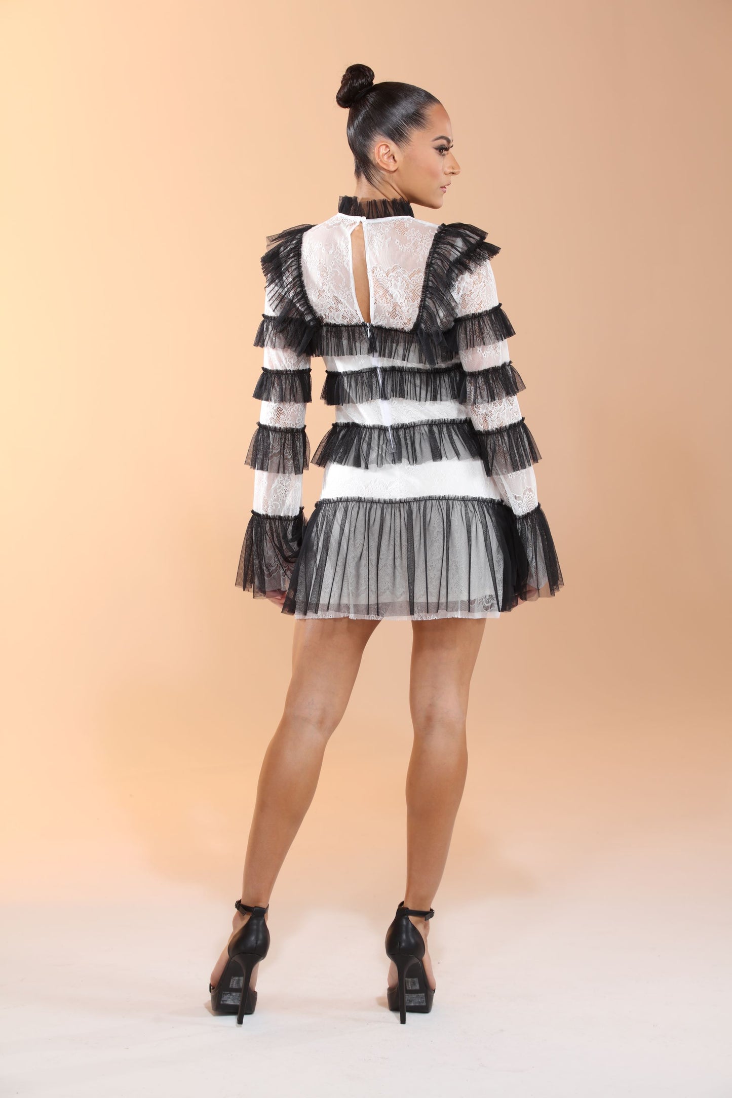 Tuxedo tulle tiered black and white lace bell sleeve mini dress