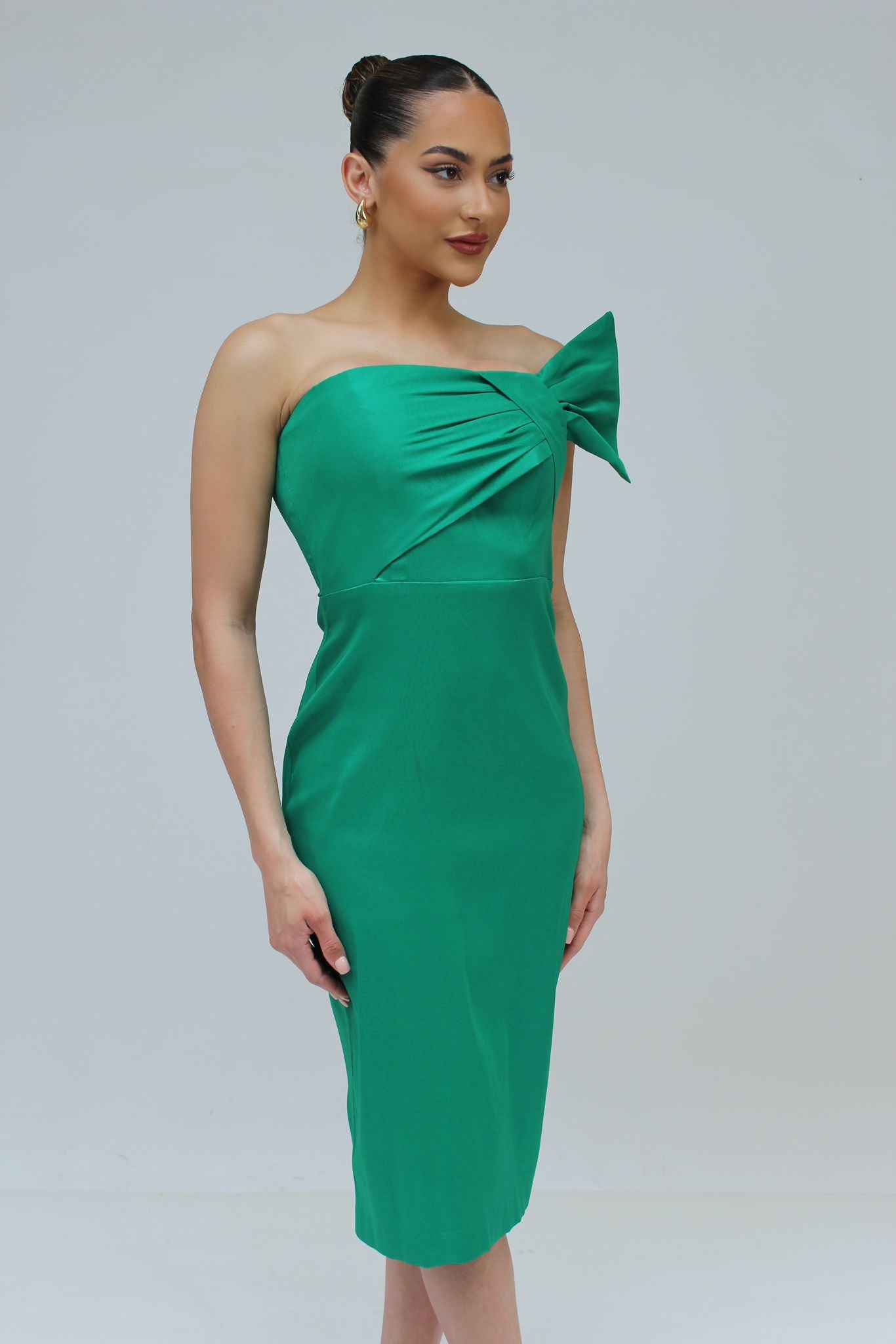 Strapless bow midi cocktail dress with back center slit – Rubber Ducky