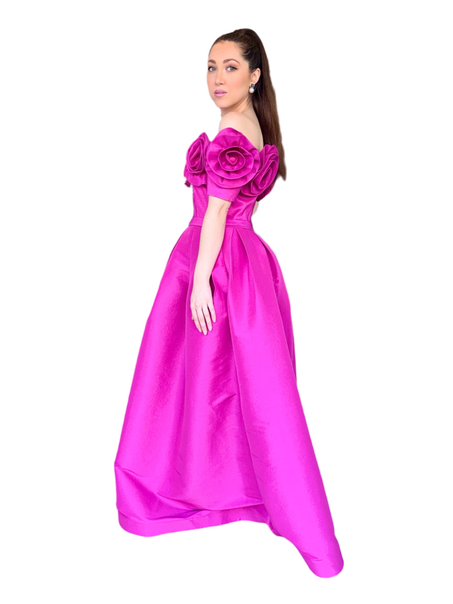 Rose bloom off shoulder taffeta gown