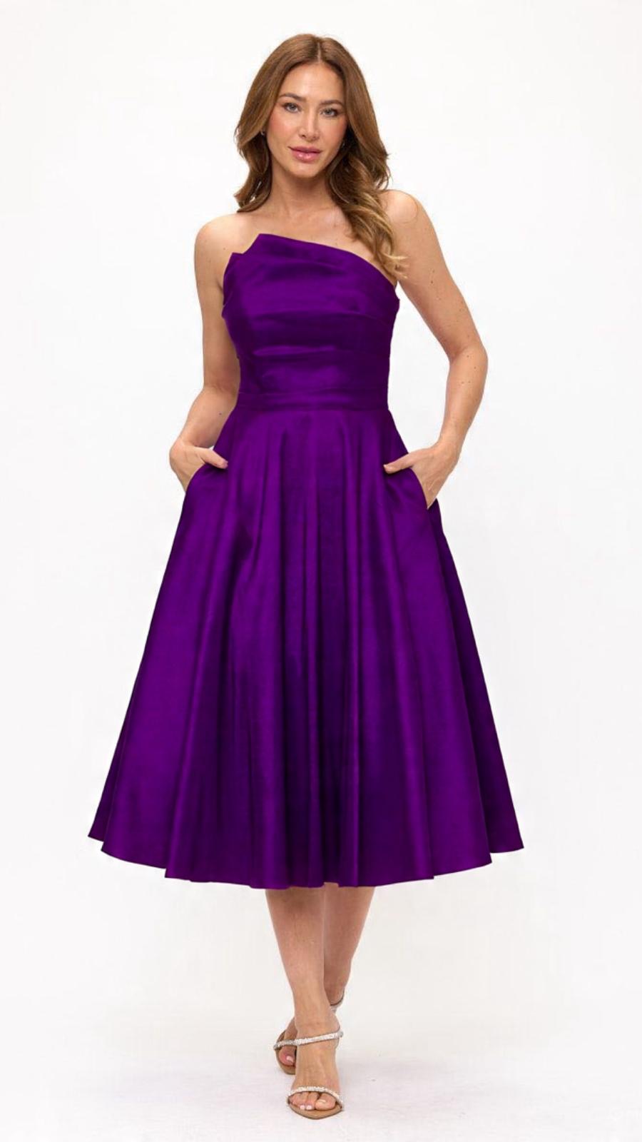 Strapless asymmetrical taffeta tea length dress
