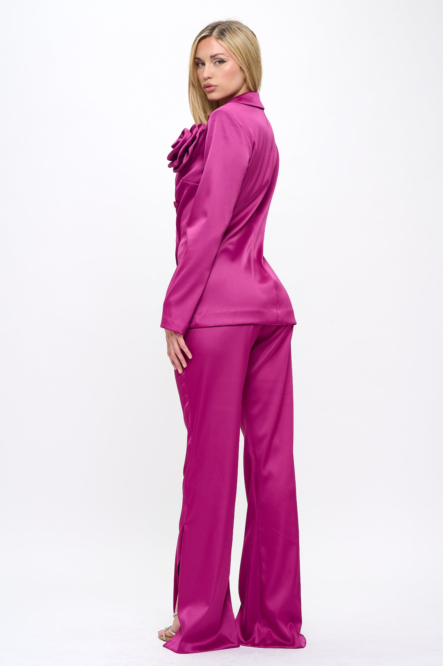 Midnight bloom rose detail satin jacket and side slit pants suit