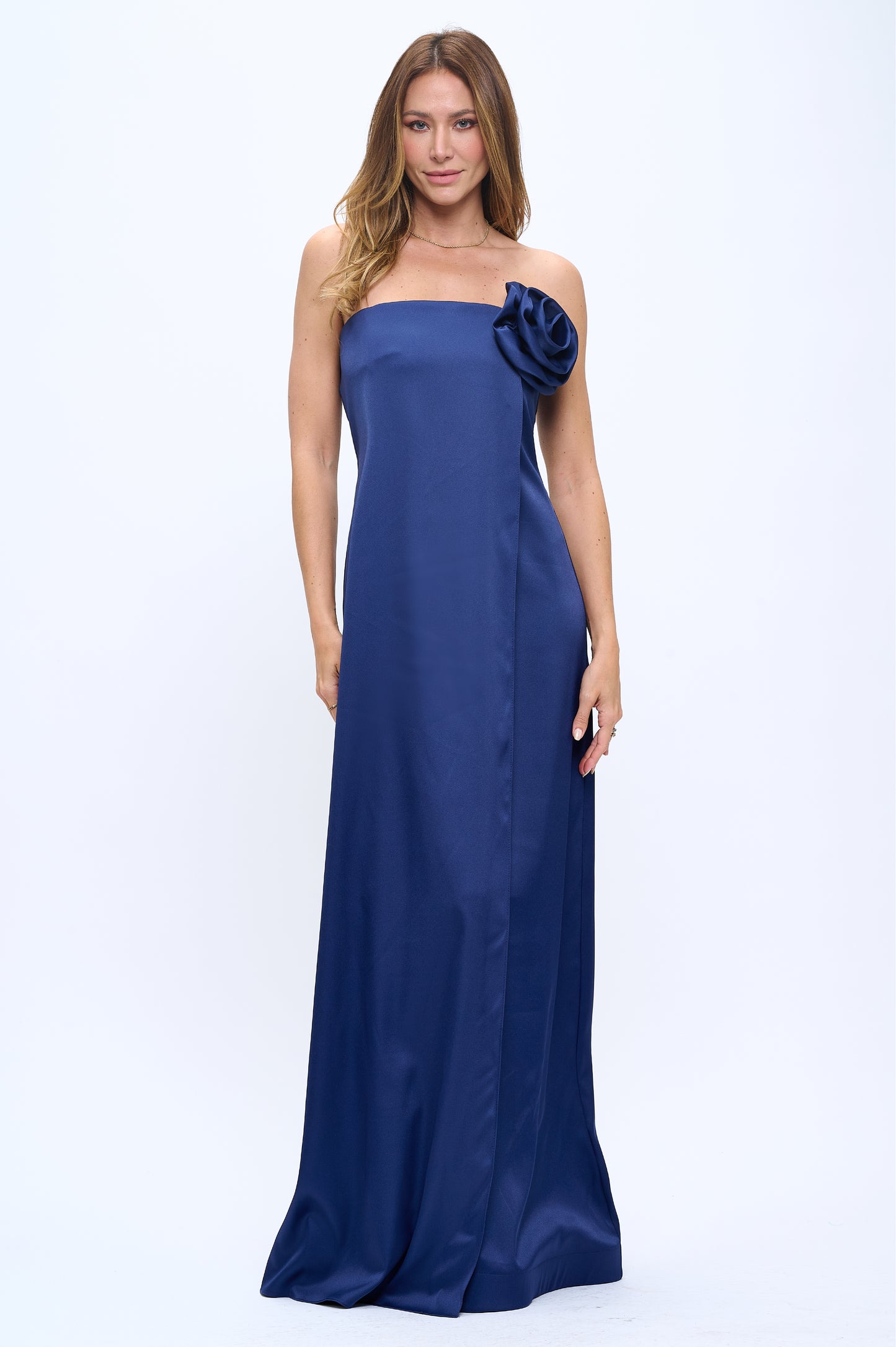 Rose wrap strapless stretchy satin maxi gown