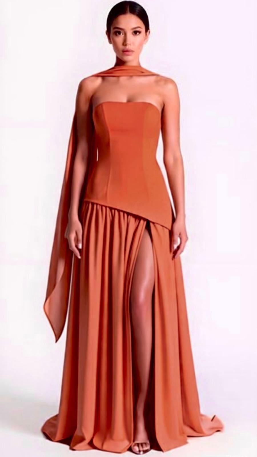 Strapless asymmetrical corset slit gown