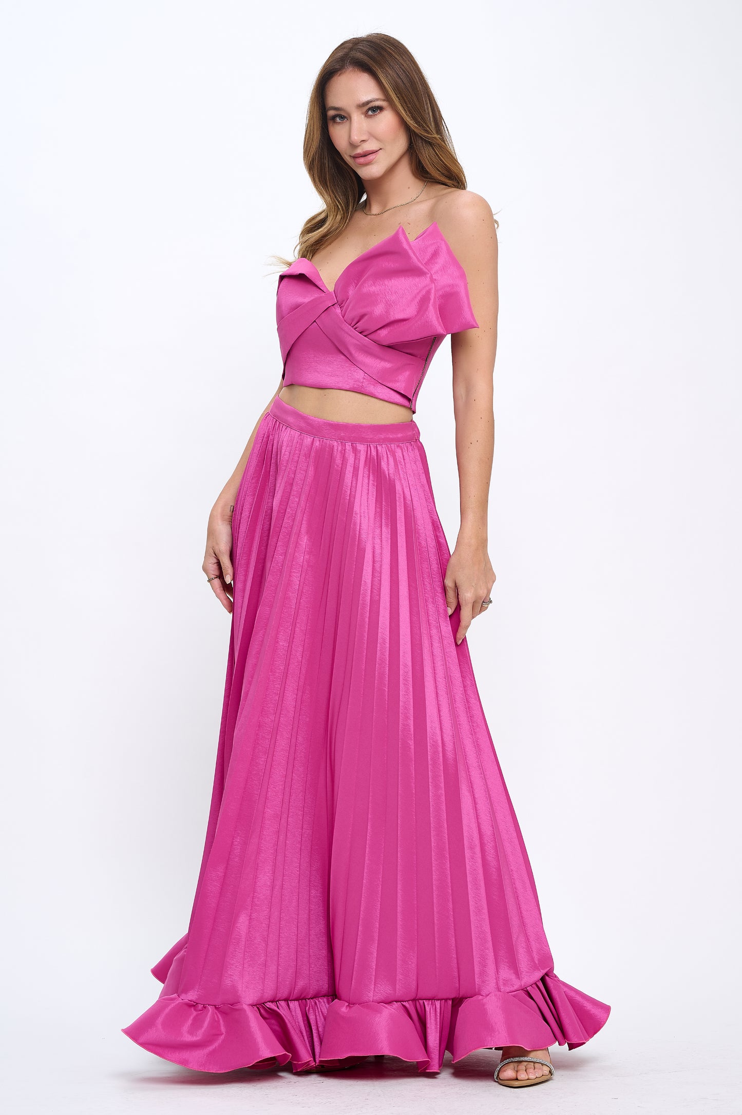 Taffeta bow crop top and pleated maxi skirt set