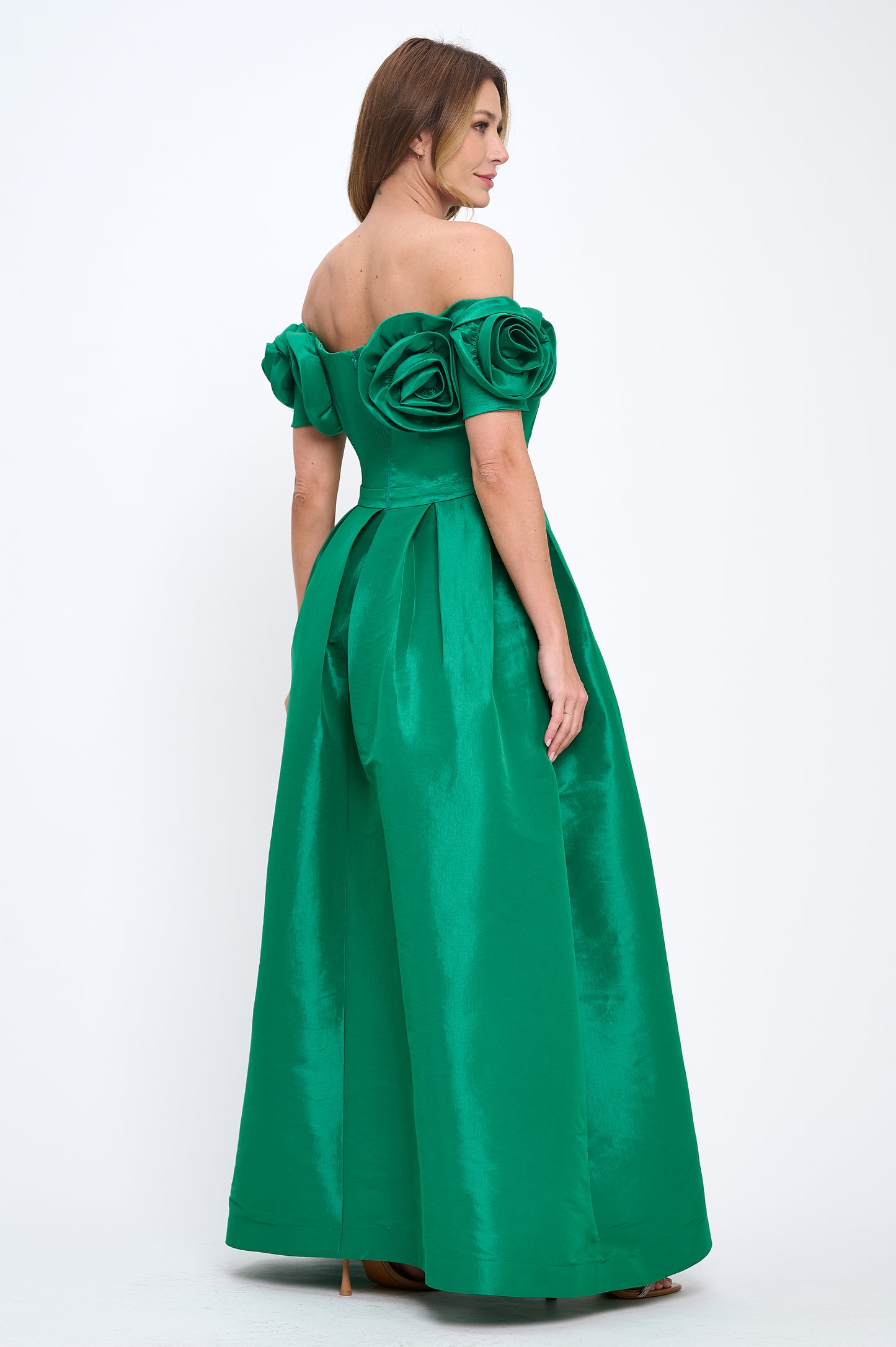 Rose bloom off shoulder taffeta gown