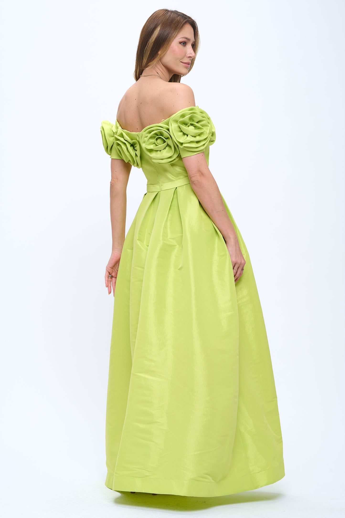 Rose bloom off shoulder taffeta gown
