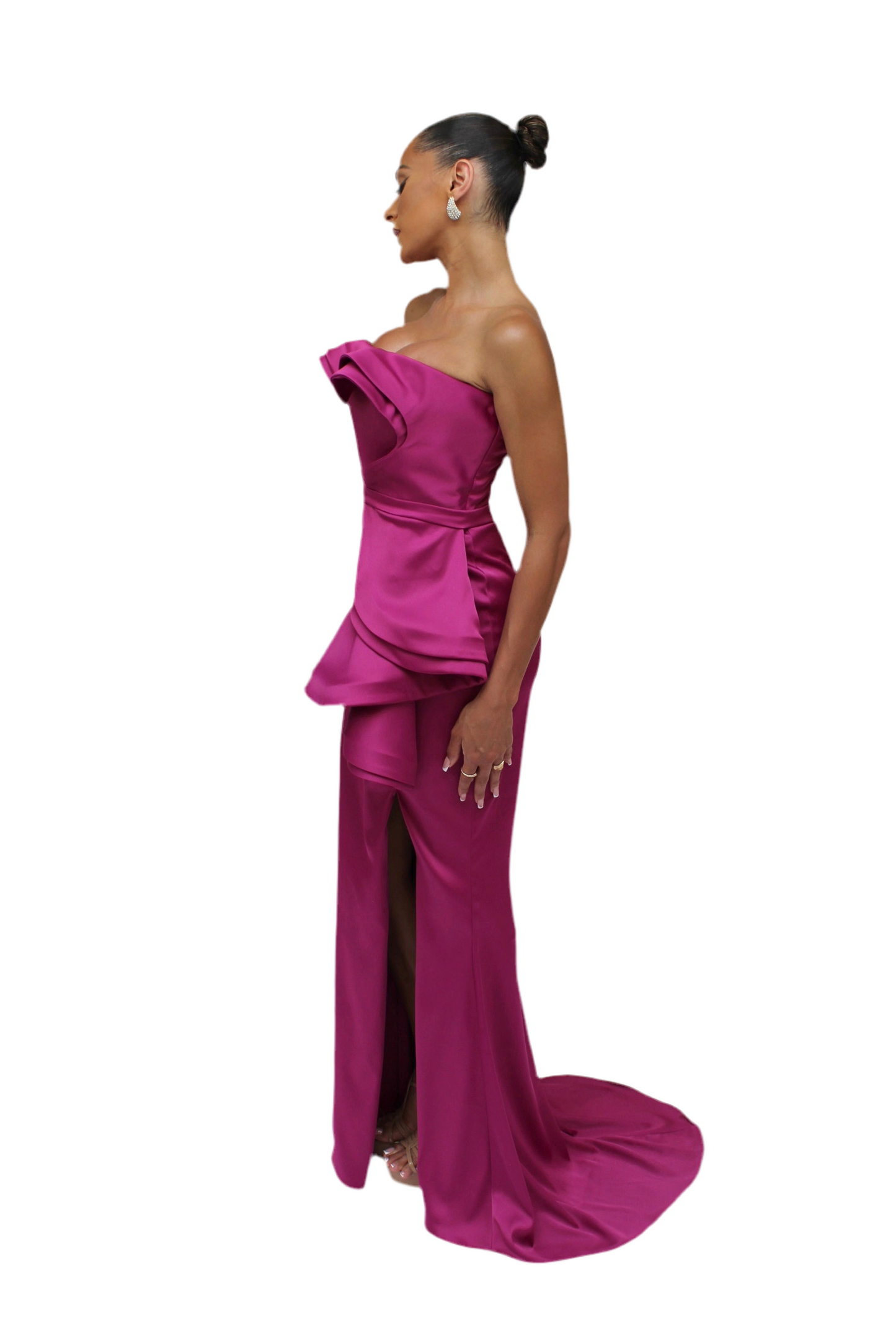 Strapless cascading drape gown