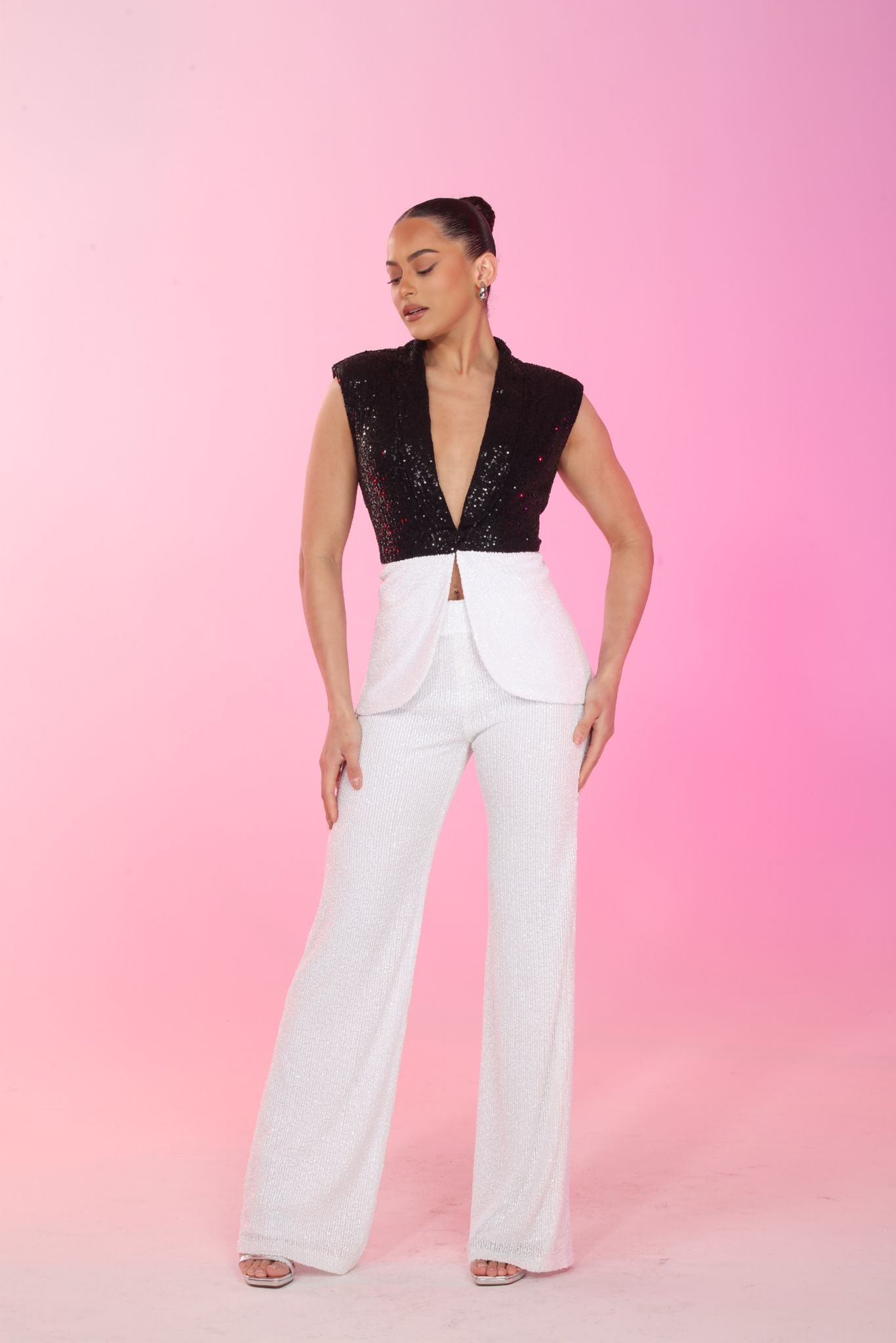Color block sequin vest and high waisted pants set