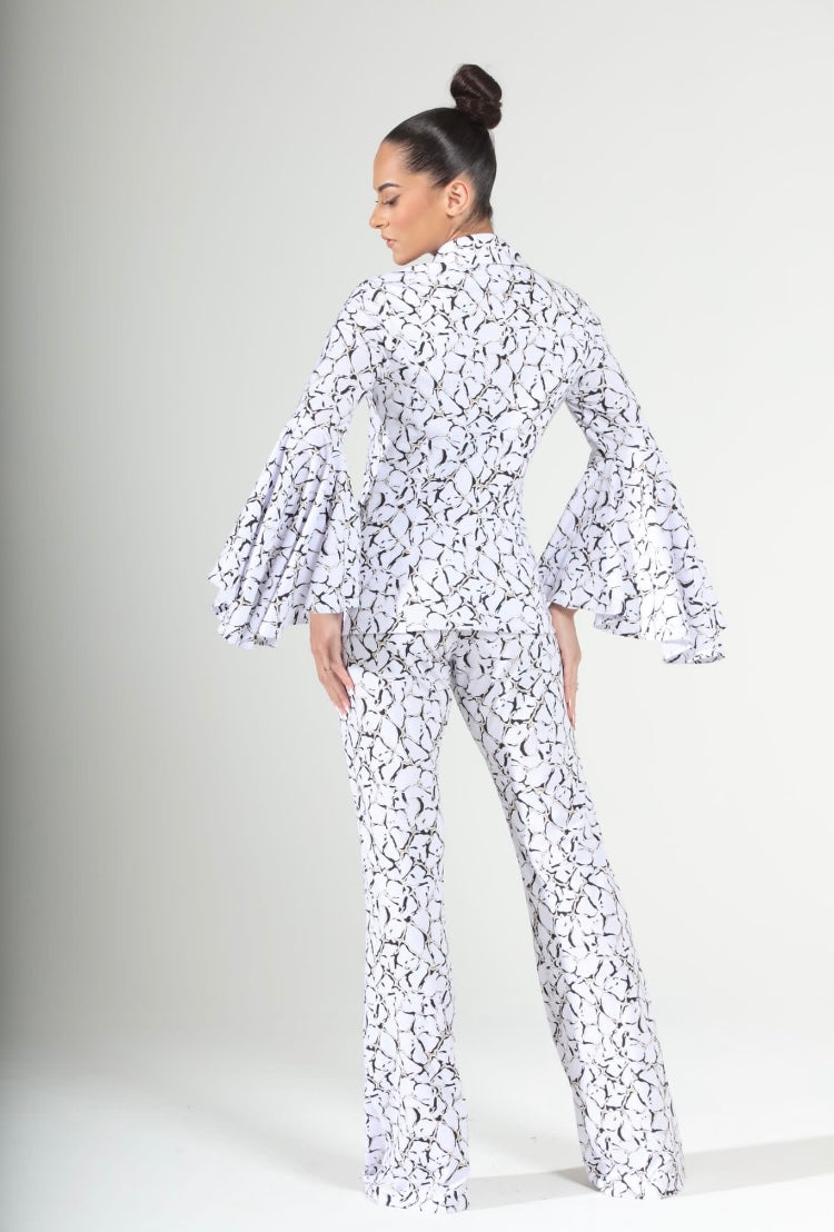 Marble black and white bell sleeve two-piece suit set