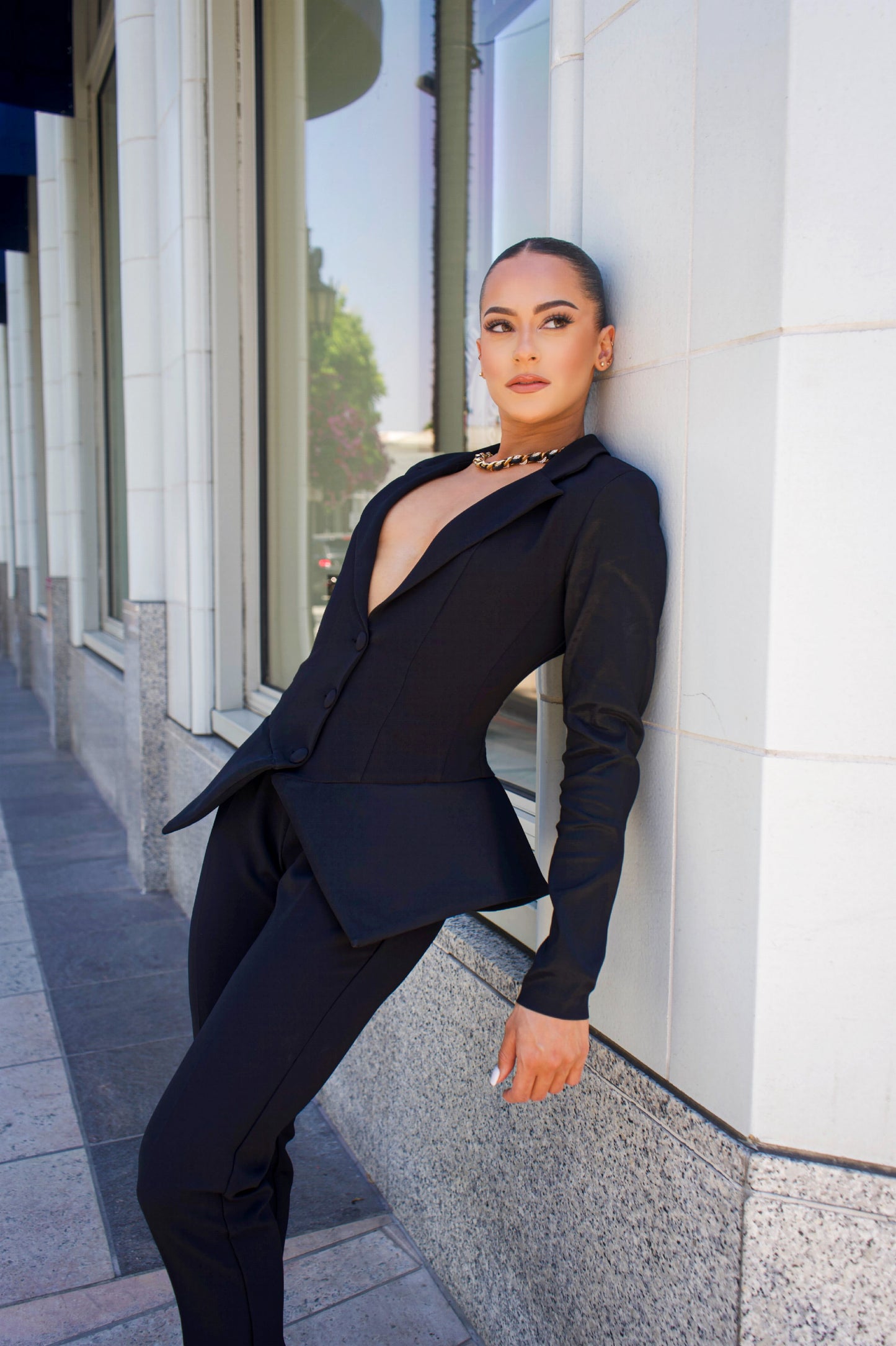 Monique flare peplum jacket and high waisted straight leg pants suit set