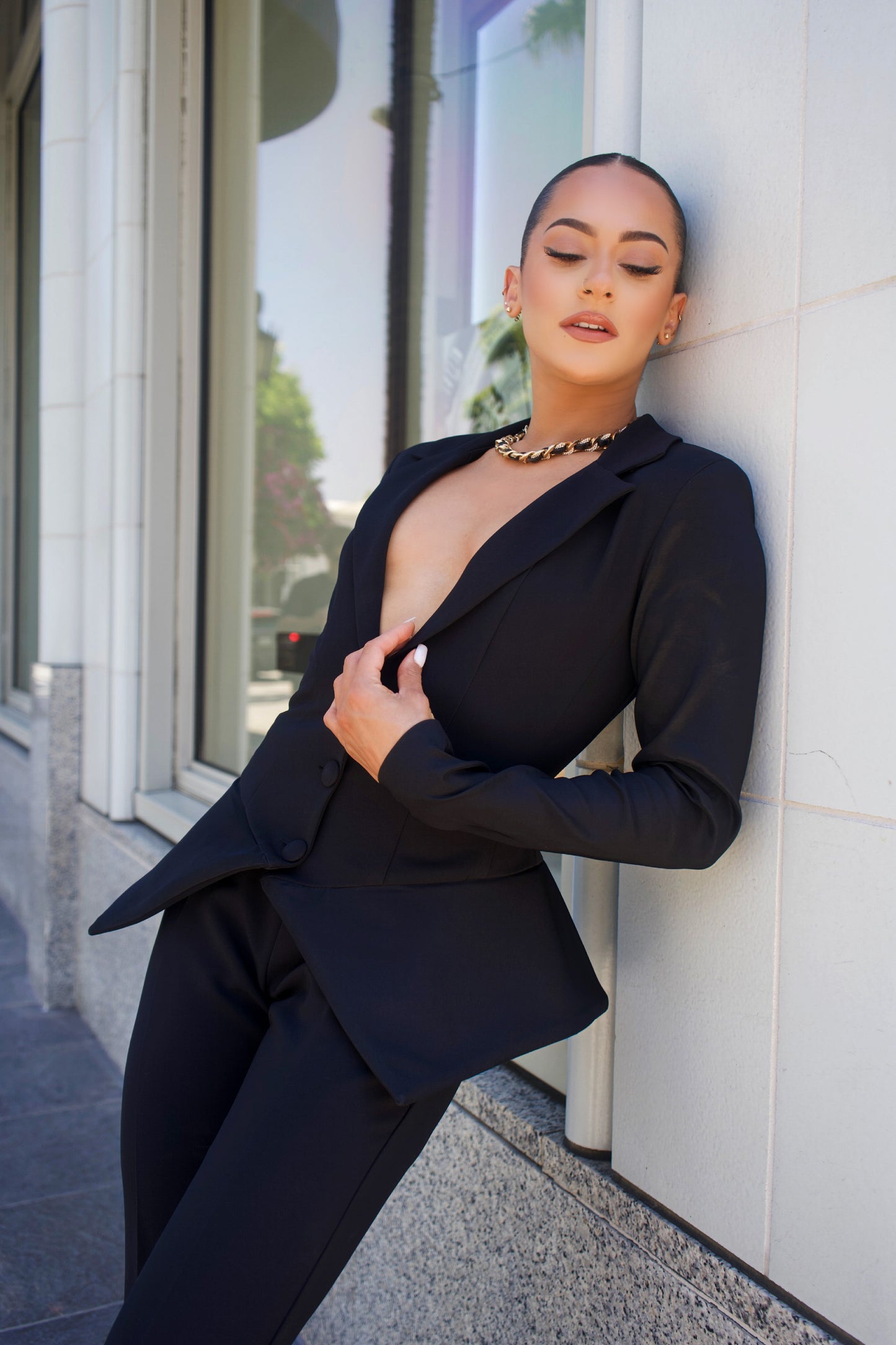 Monique flare peplum jacket and high waisted straight leg pants suit set