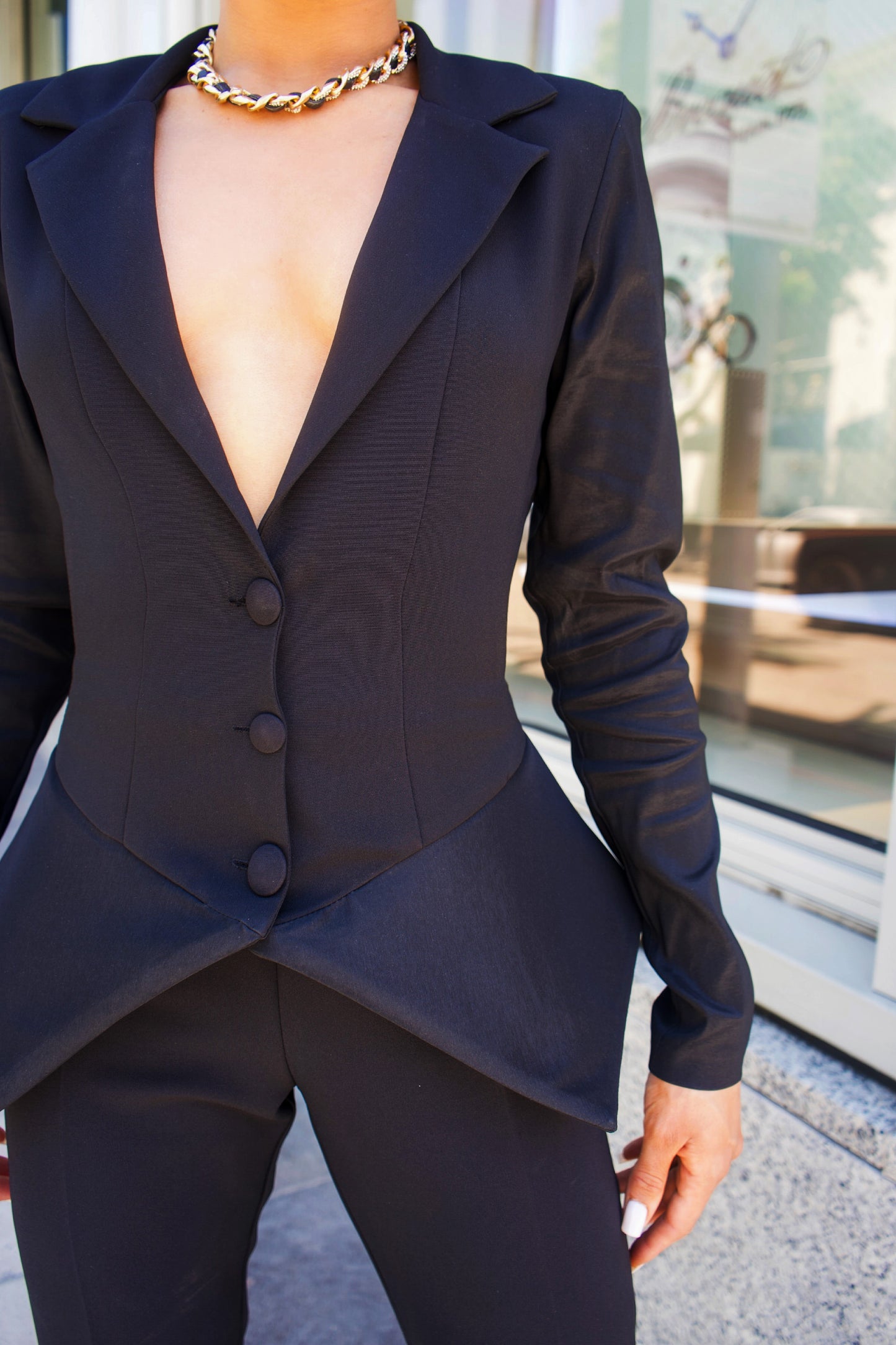 Monique flare peplum jacket and high waisted straight leg pants suit set