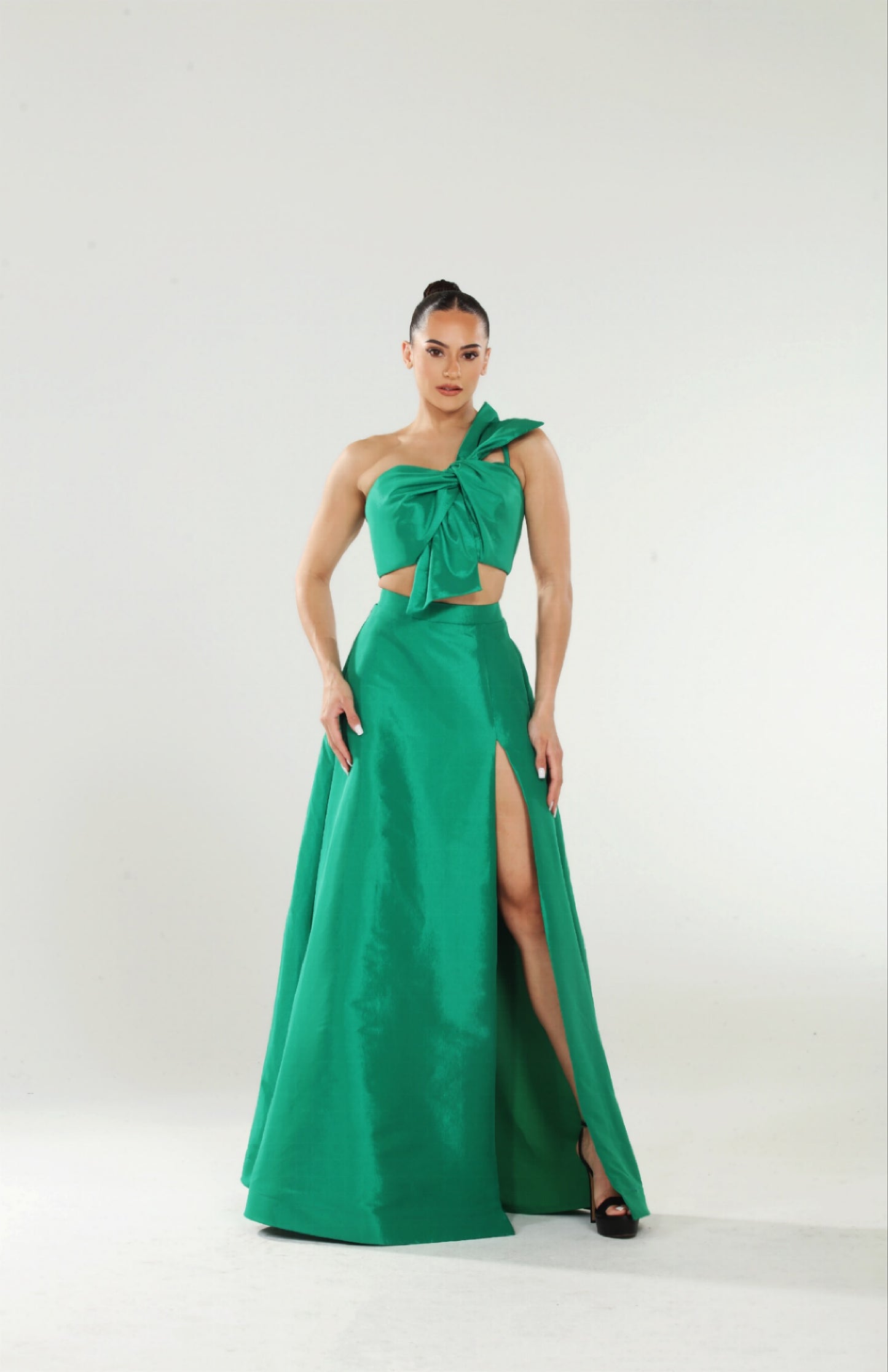 Zoe taffeta knot front bow crop top and slit high waisted skirt set