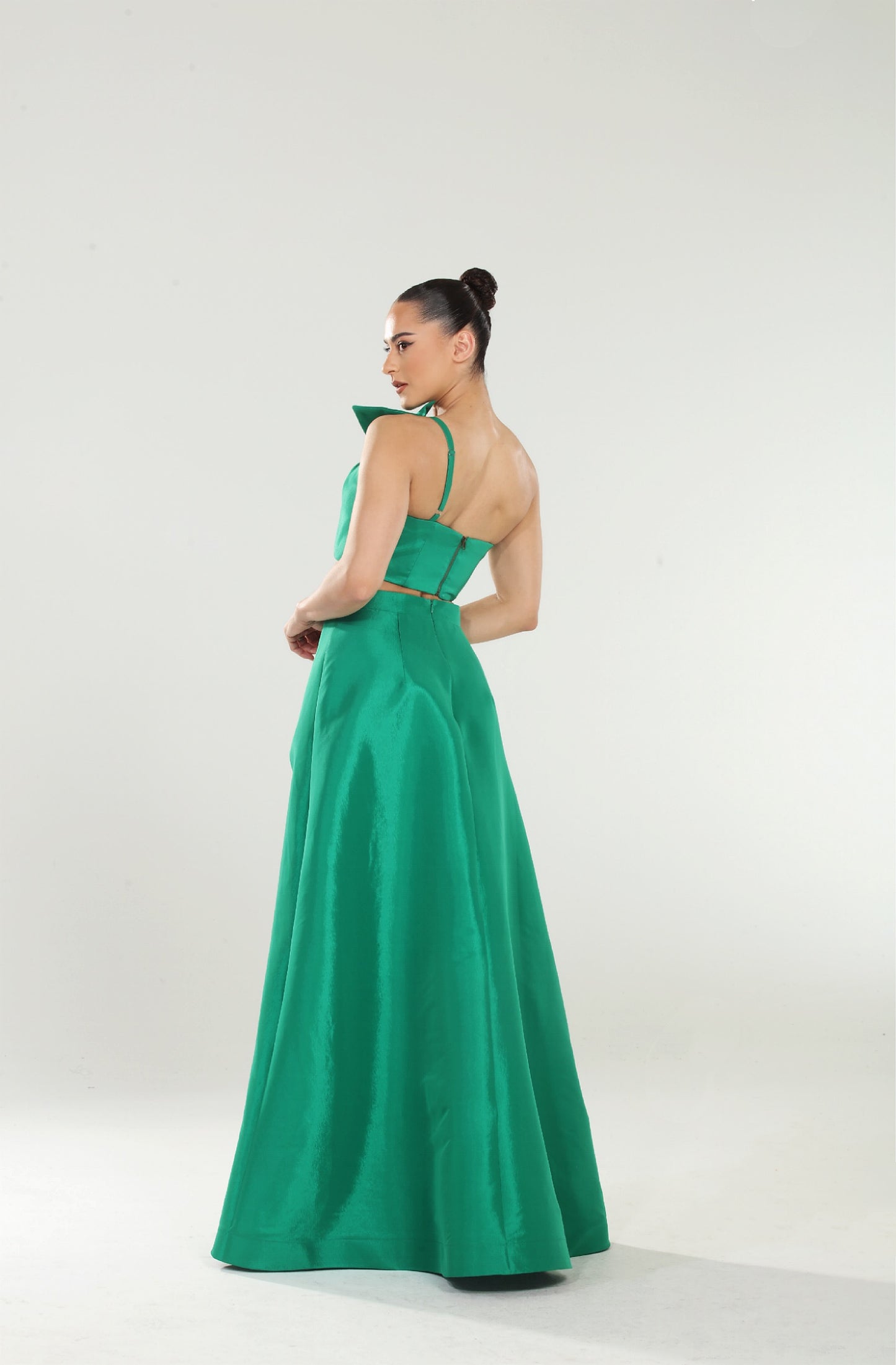 Zoe taffeta knot front bow crop top and slit high waisted skirt set